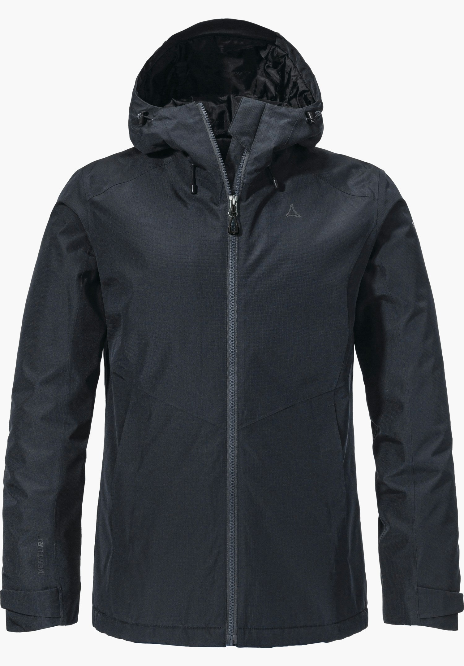 Ins Jacket Style Wildkar WMS dark blue jacket with hood, Schöffel logo on the chest, closed at the front, on a white background. Sleeve lettering: “VENTURI”.