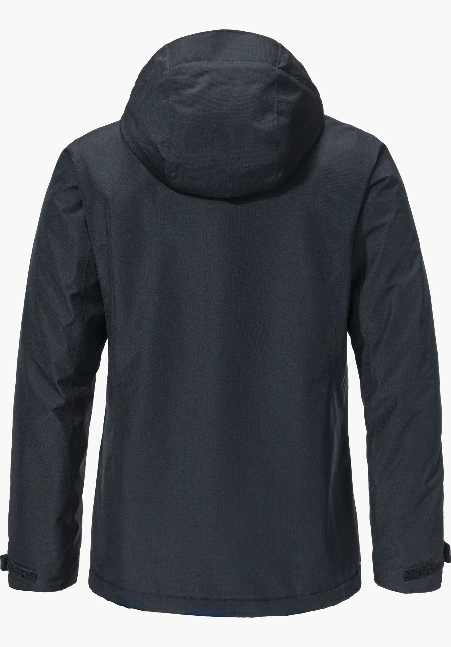 Ins Jacket Style Wildkar WMS dunkelblaue Isolationsjacke  zeigt Rückansicht mit angesetzter Kapuze, gerade hängend vor weißem Hintergrund.