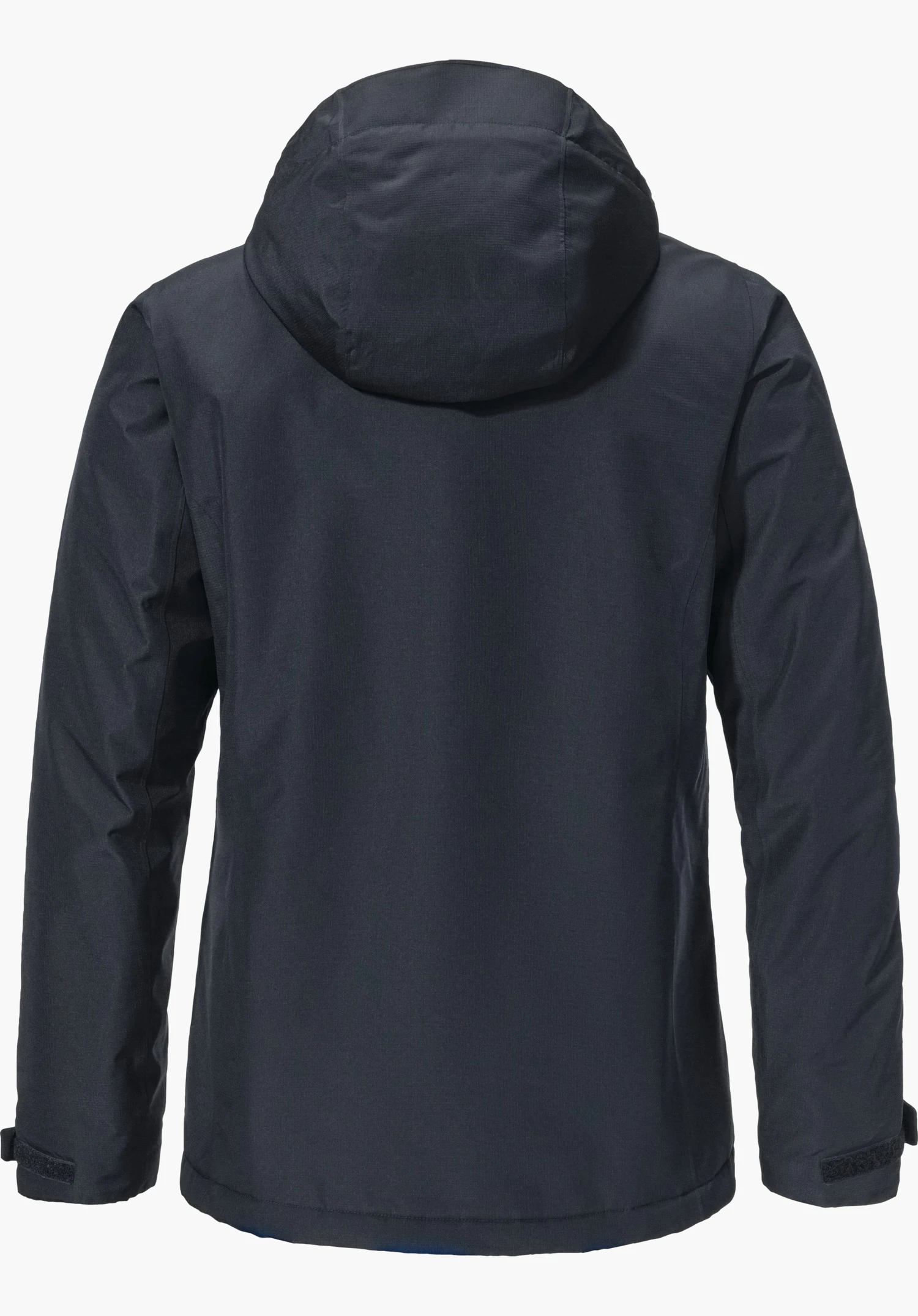 Ins Jacket Style Wildkar WMS Donkerblauwe isolatiejas, achteraanzicht; met aangezette capuchon, recht hangend op witte achtergrond.