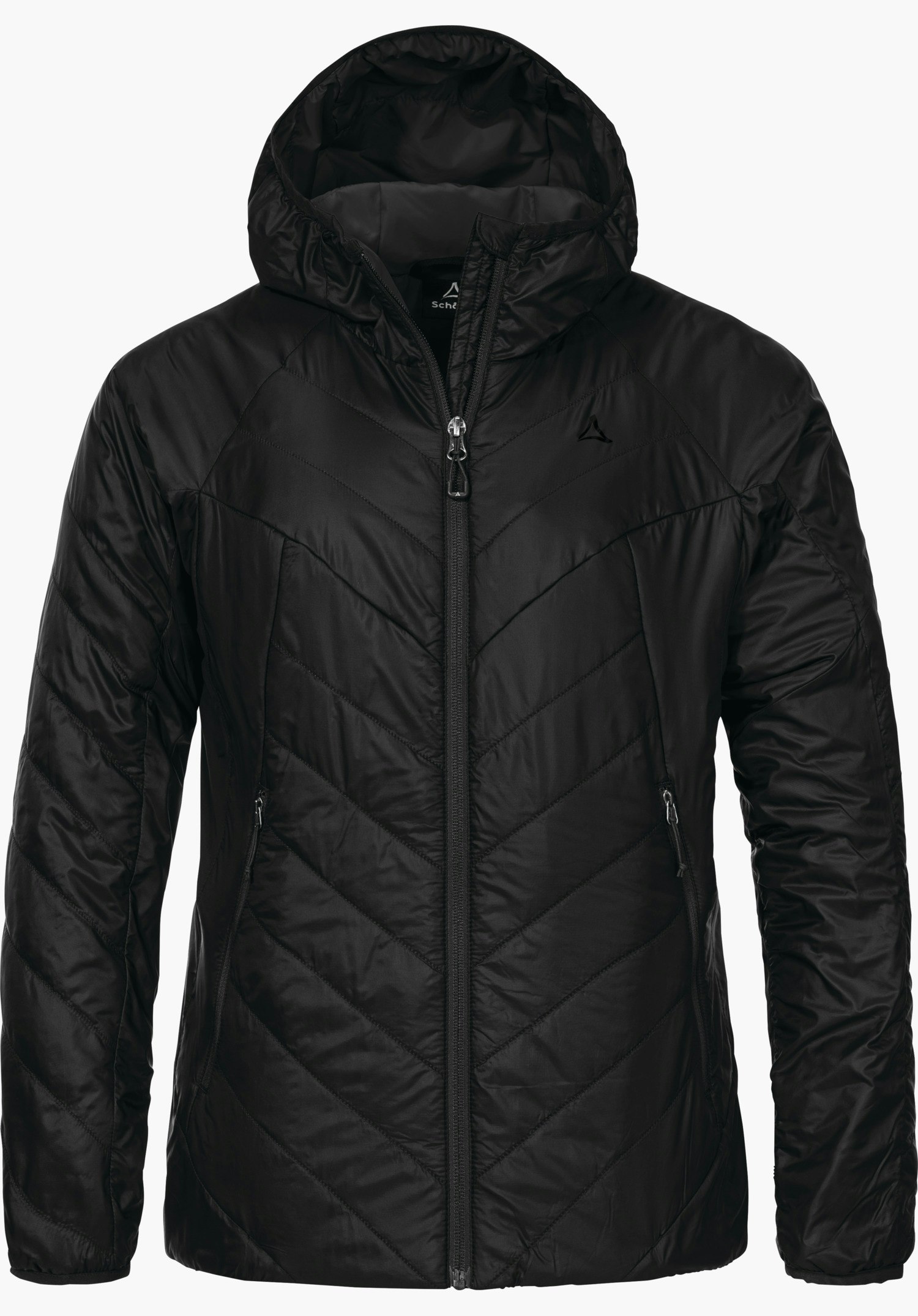Ins Jacket Style Cascata WMS veste matelassée noire avec capuche, fermeture éclair fermée et poches latérales; logo Schöffel sur la poitrine; inscription: « Schöffel ». Sur fond blanc.