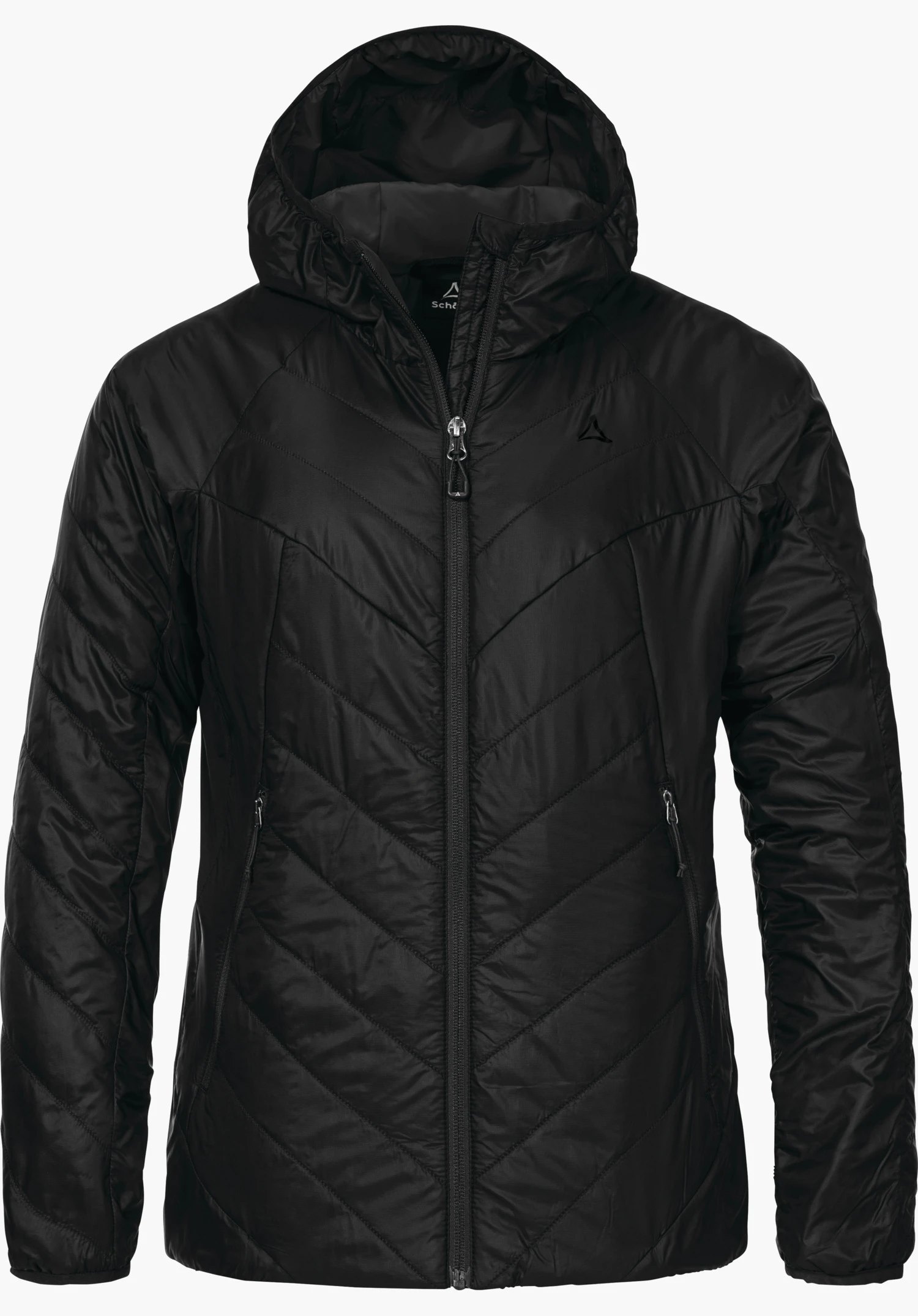 Ins Jacket Style Cascata WMS black padded hooded jacket with closed zip and side pockets; Schöffel logo on the chest; text: “Schöffel”. On a white background.