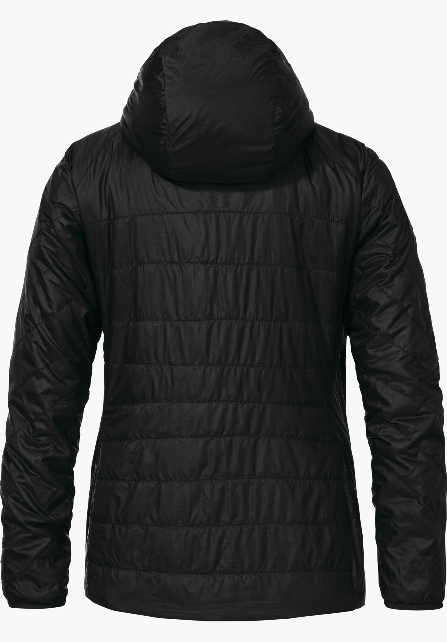 Ins Jacket Style Cascata WMS veste matelassée noire à capuche, vue arrière; manches légèrement vers le bas, tombé droit; piquage horizontal sur fond blanc uni.