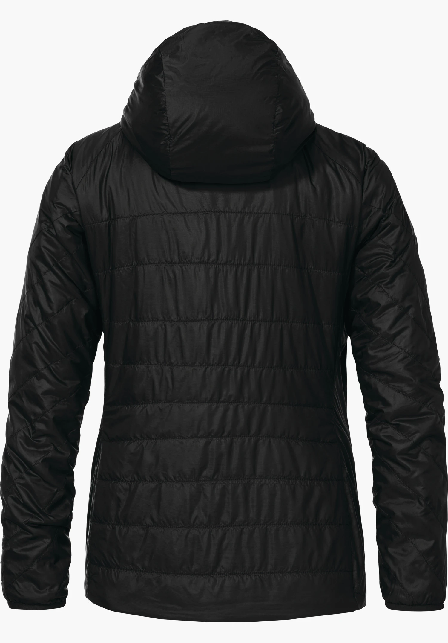 Ins Jacket Style Cascata WMS Zwarte gewatteerde jas met capuchon, achteraanzicht; mouwen licht omlaag, recht hangend; horizontale stiknaden; effen witte achtergrond.