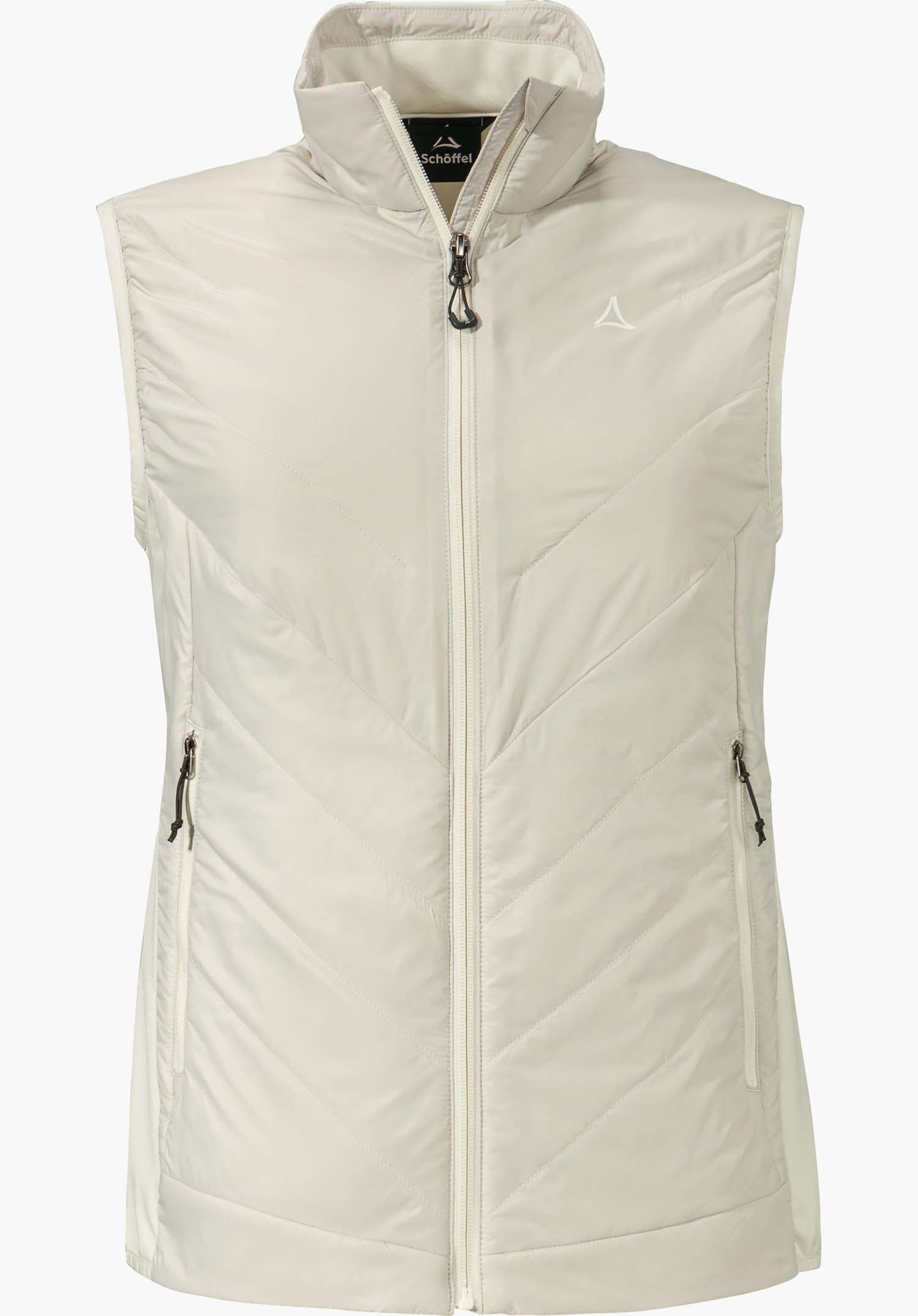 Hybrid Vt Style Cascata WMS gilet matelassé blanc, fermeture éclair fermée sur l’avant, logo Schöffel sur la poitrine; étiquette intérieure avec inscription « Schöffel »; détouré sur fond blanc.