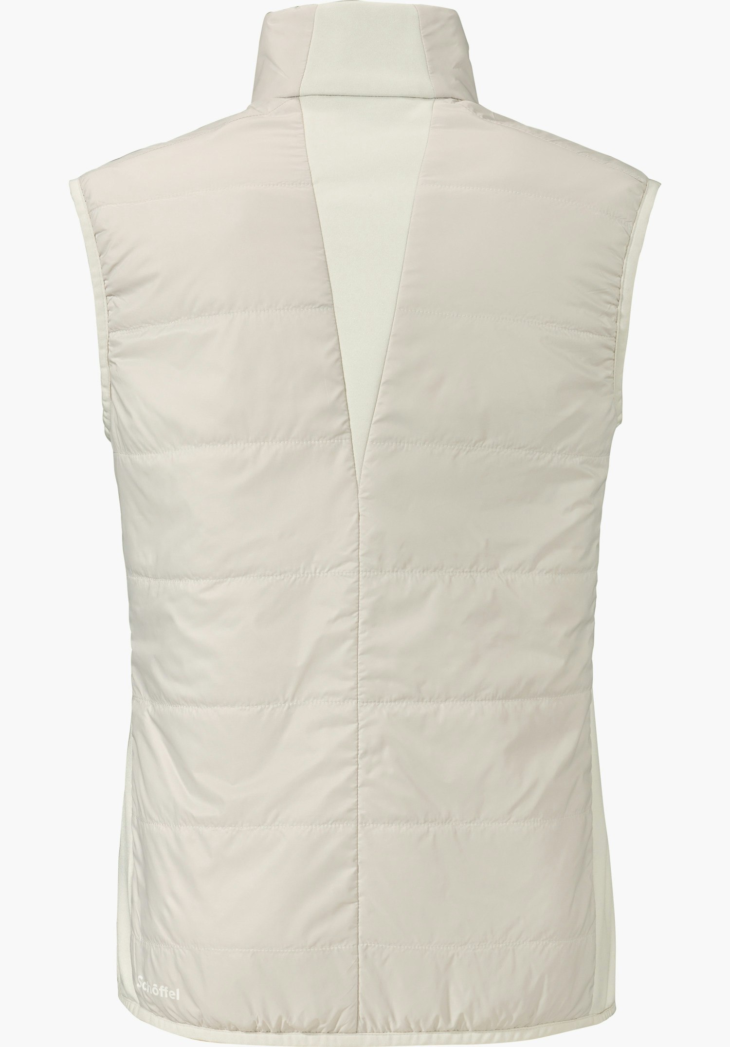 Hybrid Vt Style Cascata WMS Gilet blanc matelassé sans manches, vue de dos; col haut, couture centrale en V; fond neutre. Texte : « Schöffel ».