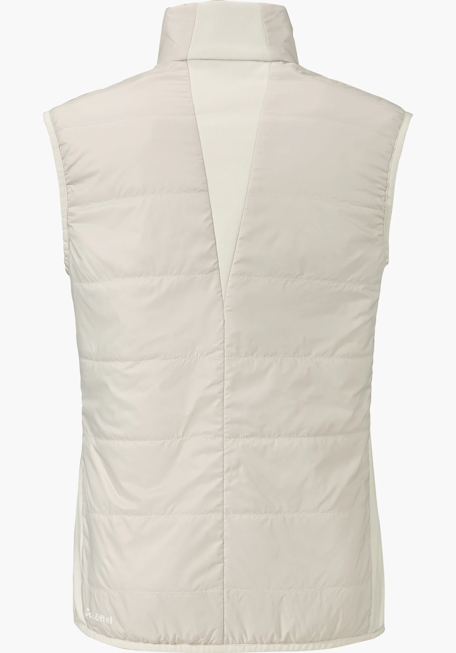 Hybrid Vt Style Cascata WMS witte doorgestikte mouwloze bodywarmer; achteraanzicht met hoge kraag en centrale V-vormige naad; neutrale achtergrond. Tekst: “Schöffel”.
