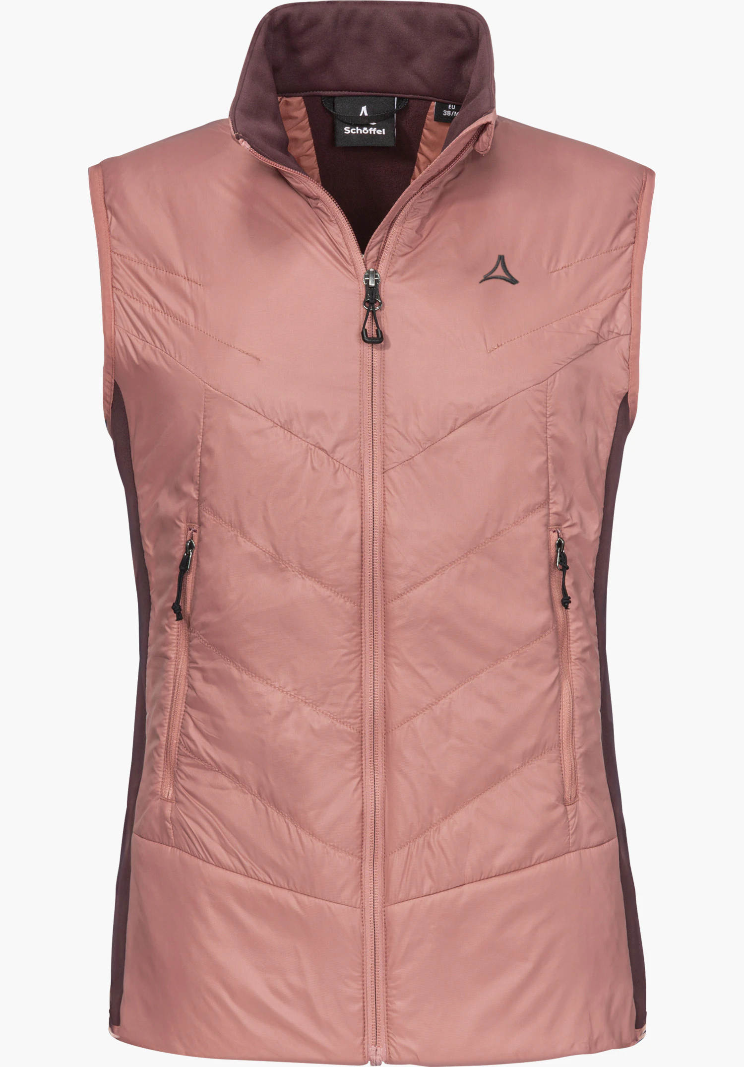 Hybrid Vt Style Cascata WMS, gilet fonctionnel rose avec col montant, poches zippées et logo Schöffel noir, vue de face, détouré sur fond blanc.
