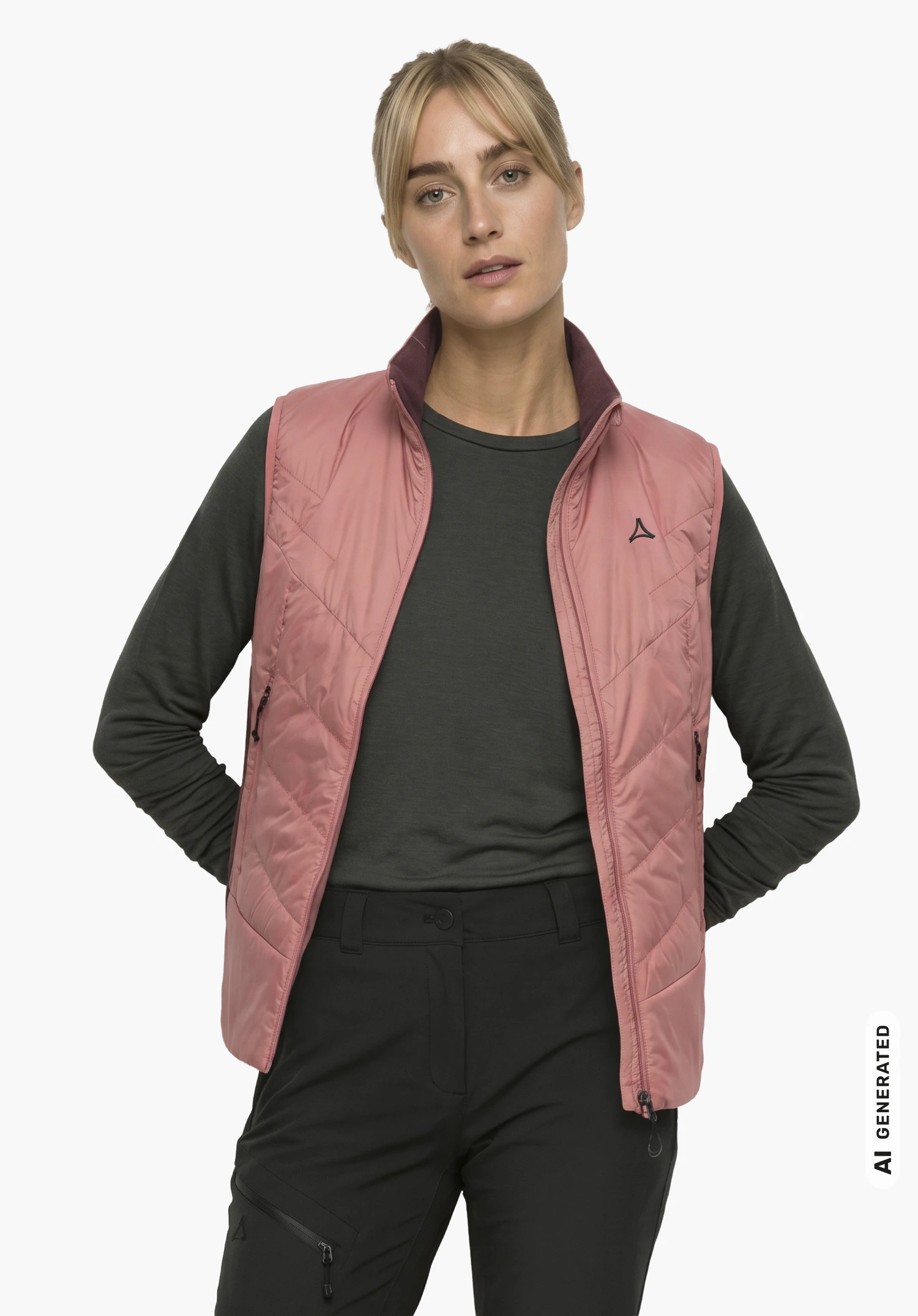 Hybrid Vt Style Cascata WMS in roze met Schöffel-logo, gedragen door een vrouwelijk model in zijaanzicht met rechtopstaande houding tegen een witte achtergrond. (Door AI gegenereerd)