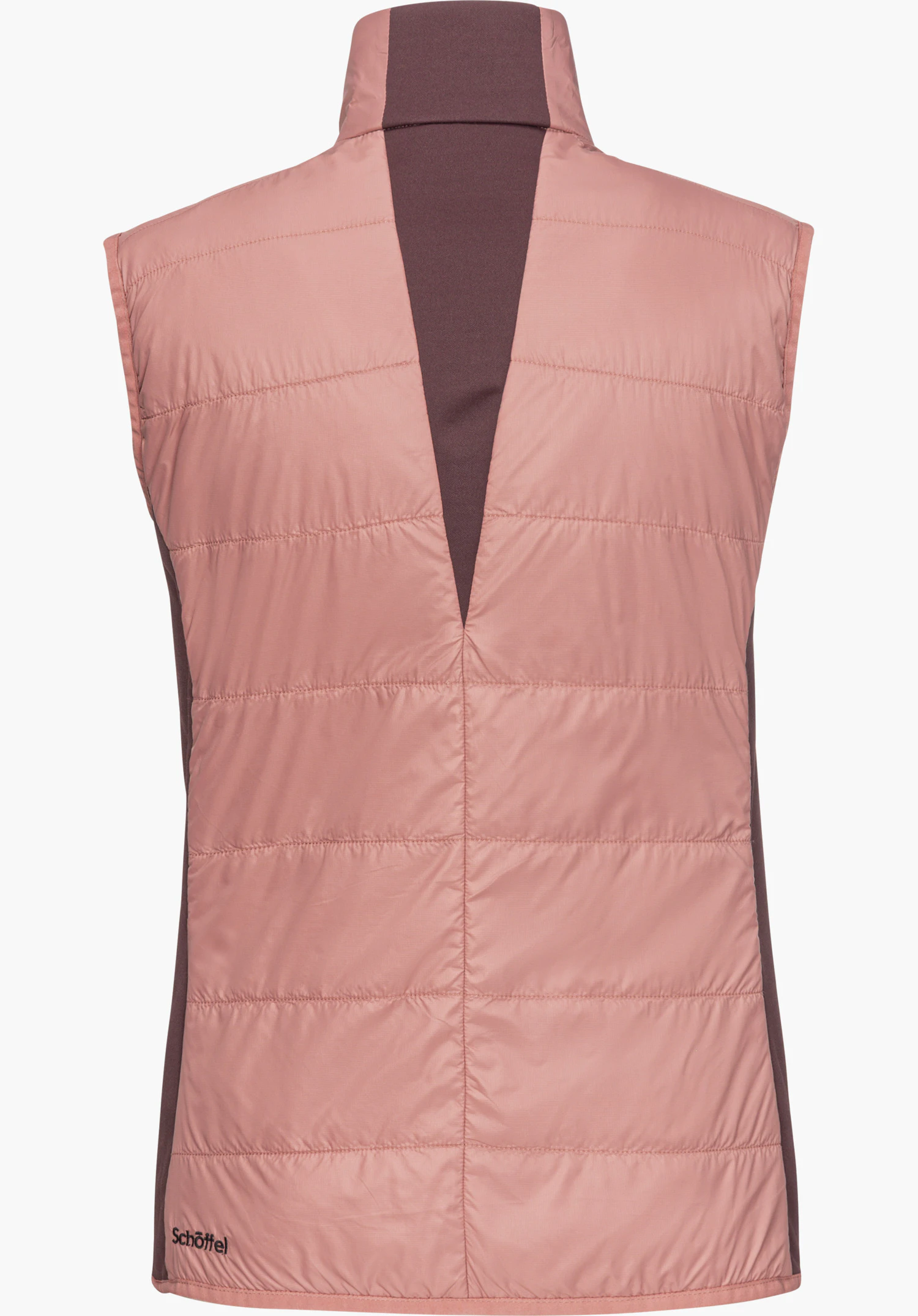 Hybrid Vt Style Cascata WMS functioneel vest in roze, achteraanzicht met opstaande kraag, gewatteerd ontwerp, contrasterende inzetstukken en Schöffel-opschrift, vrijstaand op een witte achtergrond.