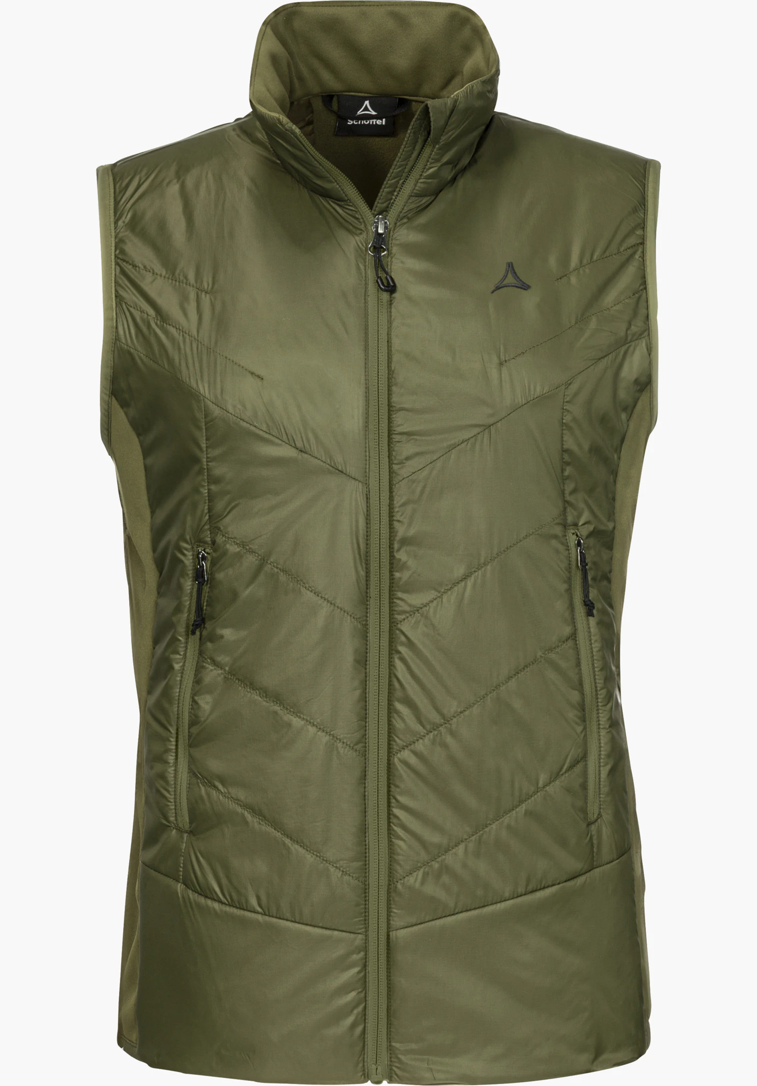 Hybrid Vt Style Cascata WMS, gilet fonctionnel vert avec fermeture éclair frontale, col montant et logo Schöffel visible, détouré sur fond blanc.