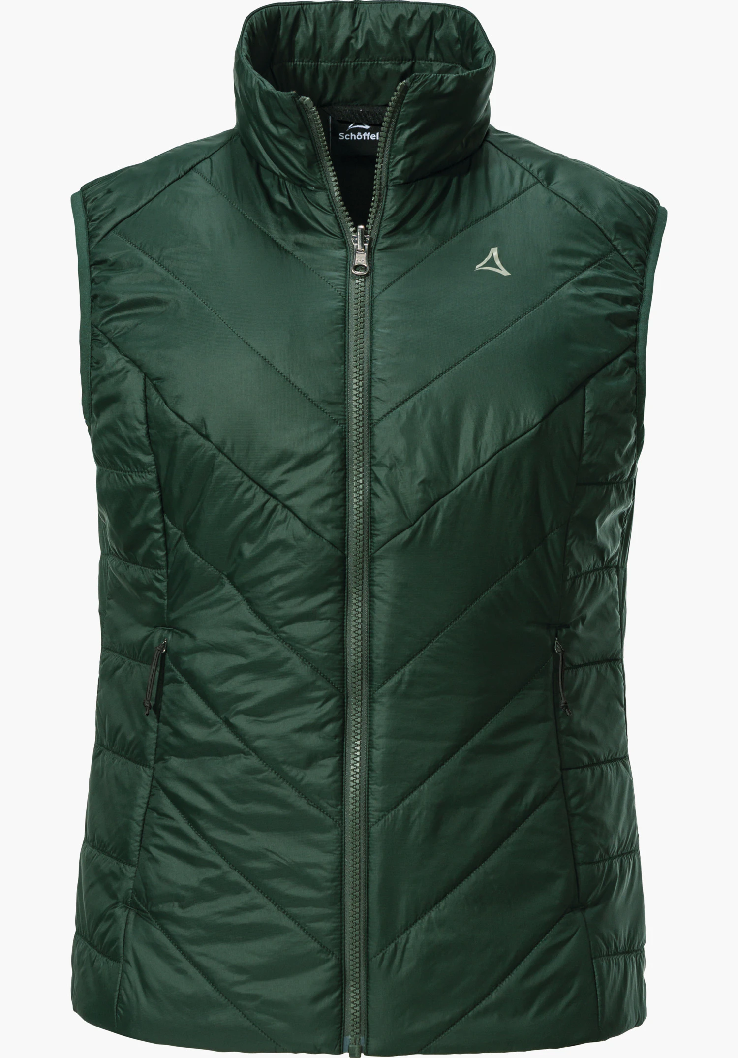 Ins Vest Style Yew WMS dark green quilted sleeveless gilet, zip closed at the centre; Schöffel logo on the left chest; inner label with “Schöffel” text; white background.