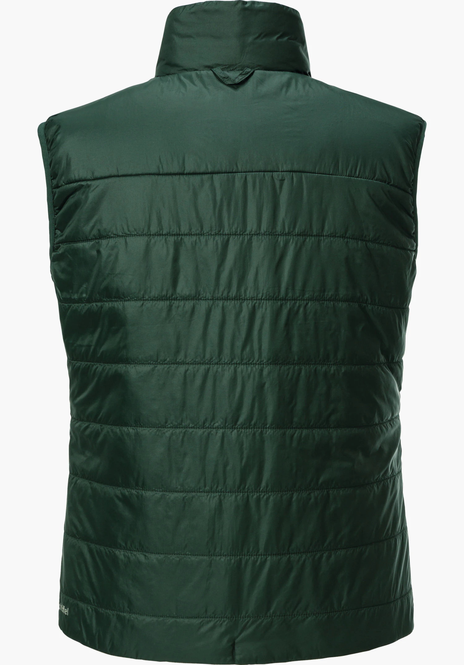 Ins Vest Style Yew WMS dark green quilted sleeveless gilet, rear view, lying flat against a white background; lettering: “Schöffel”.