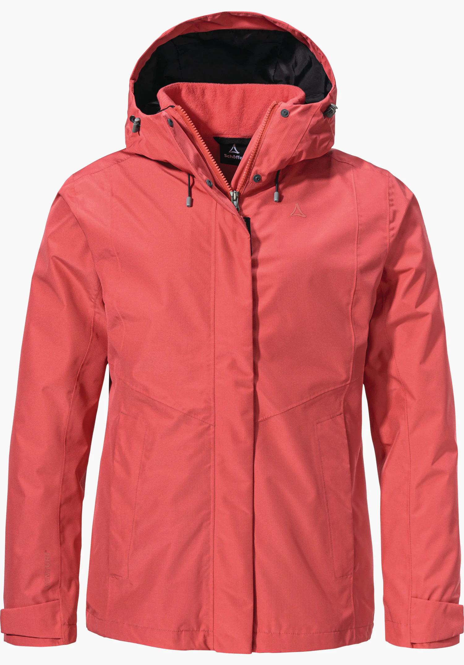 3in1 Jacket Style Okere WMS Rosa Wanderjacke; Reißverschluss geschlossen, Kapuze aufgesetzt; Schöffel-Logo auf linker Brust; Innenetikett mit Schrift "Schöffel"; freigestellt vor weißem Hintergrund.