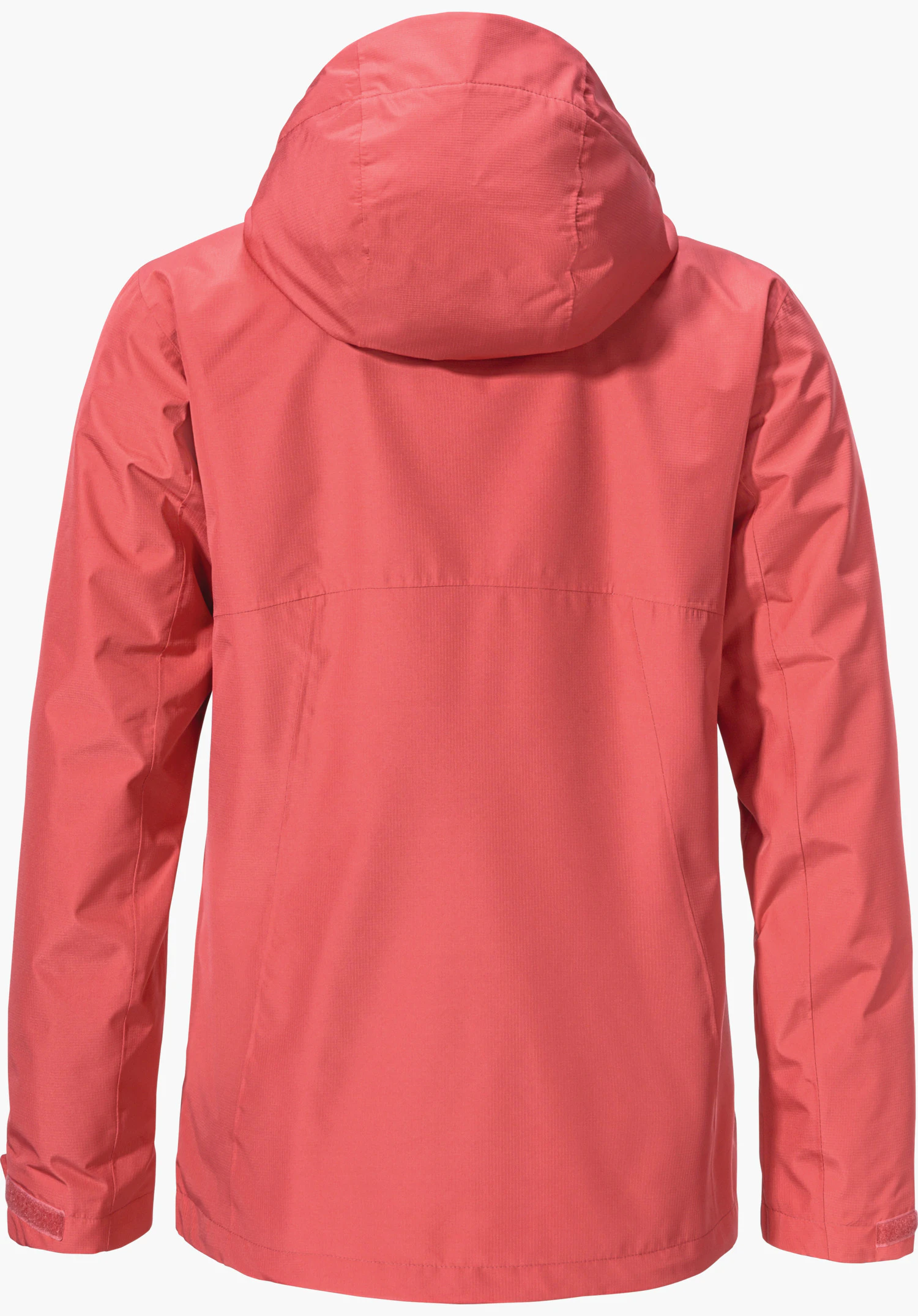 3in1 Jacket Style Okere WMS rote Wanderjacke, Rückenansicht; liegt flach, Kapuze aufgerichtet; weißer Hintergrund.
