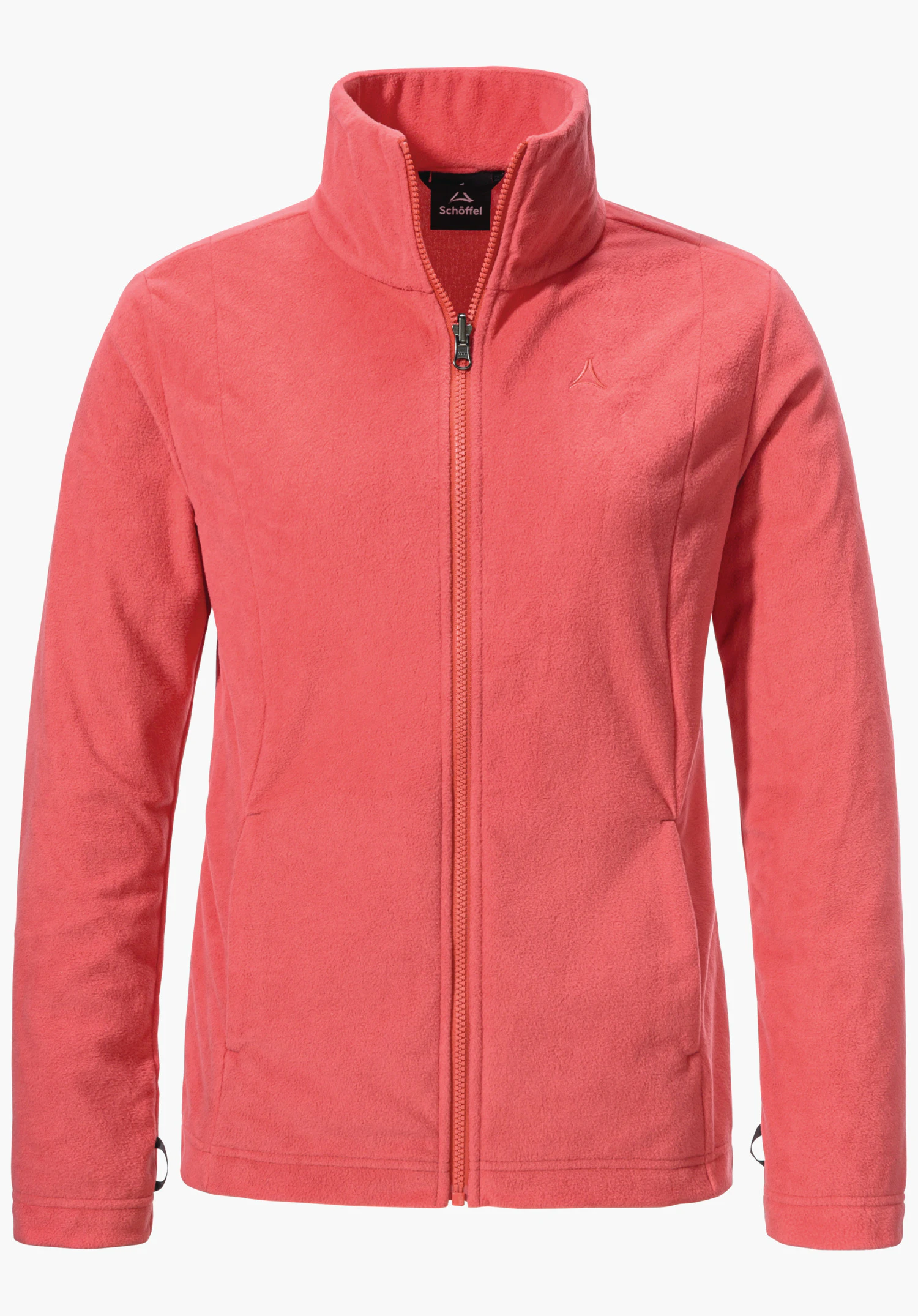 3in1 Jacket Style Okere WMS Fleecejacke hellrot, frontal präsentiert, komplett zugezippt mit Stehkragen und seitlichen Taschen vor neutralem weißem Hintergrund. Schöffel-Logo auf Brust; Text auf Etikett: "Schöffel".