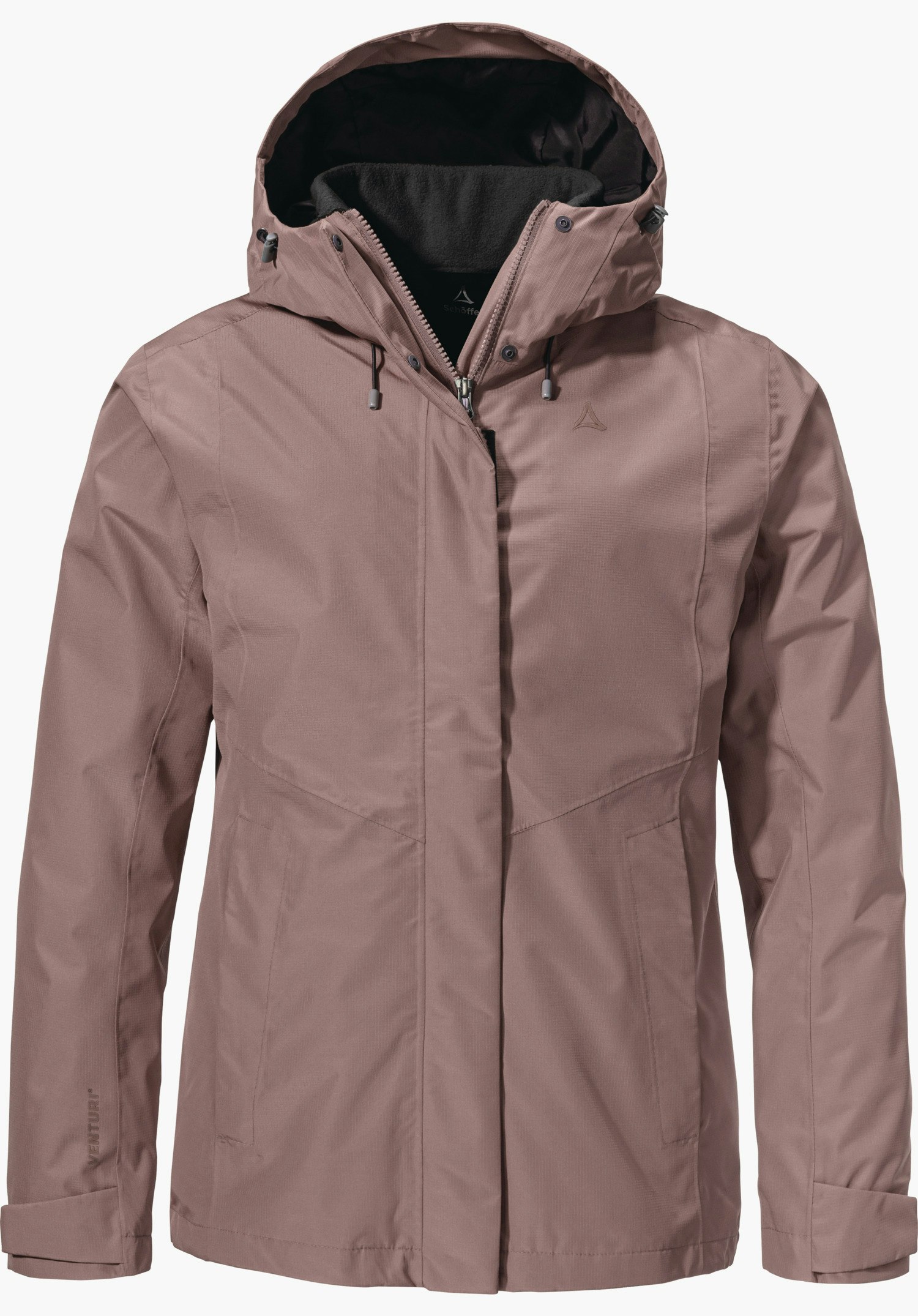 3in1 Jacket Style Okere WMS veste de randonnée violette, présentée de face, fermeture éclair fermée, capuche relevée, sur fond blanc; logo Schöffel sur la poitrine. Inscription: « Schöffel », « VENTURI® ».