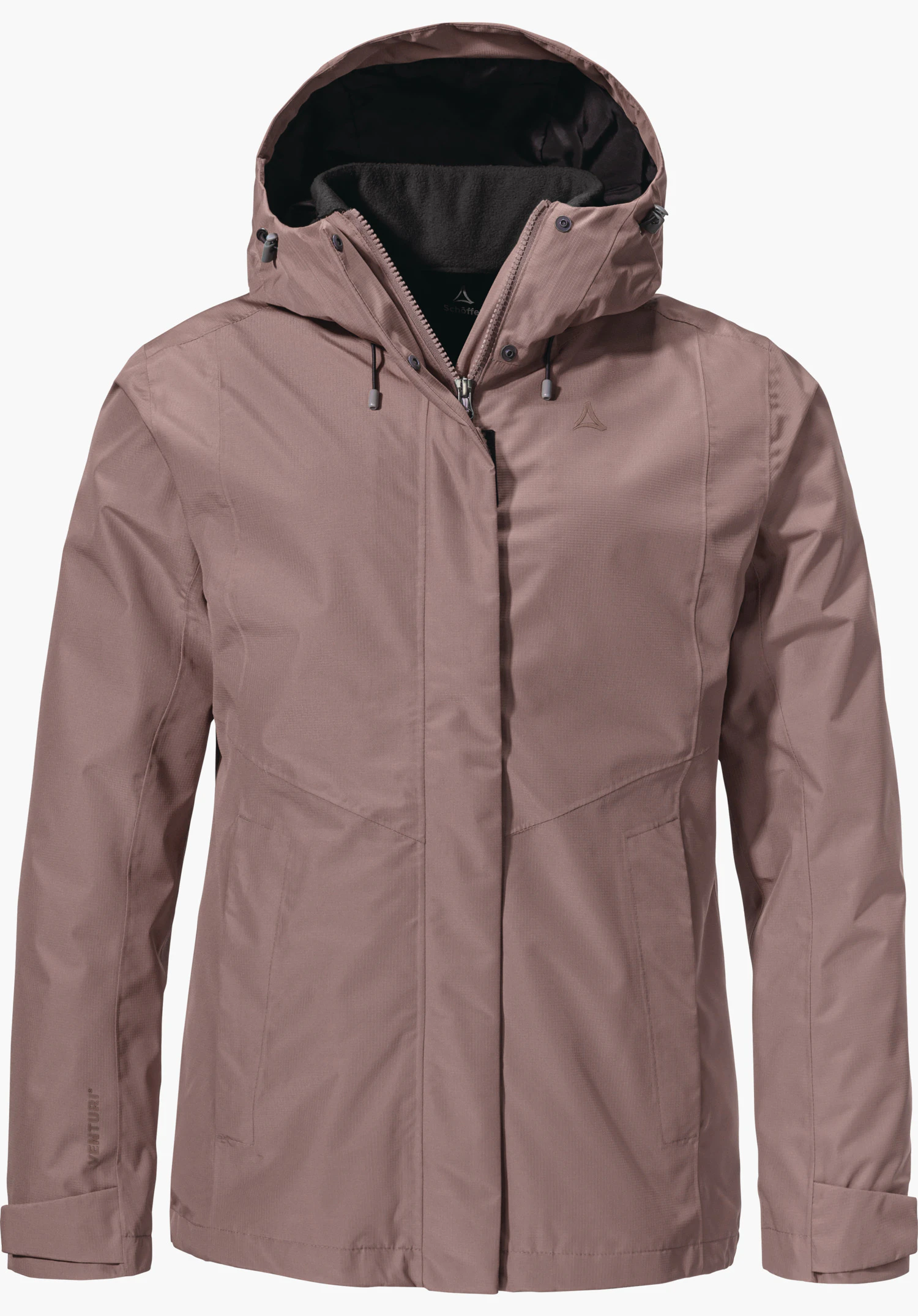 3in1 Jacket Style Okere WMS Wanderjacke, lila, frontal abgebildet, Reißverschluss geschlossen, Kapuze hochgezogen, vor weißem Hintergrund; Schöffel-Logo auf Brust. Schriftzug: "Schöffel", "VENTURIÂ®".