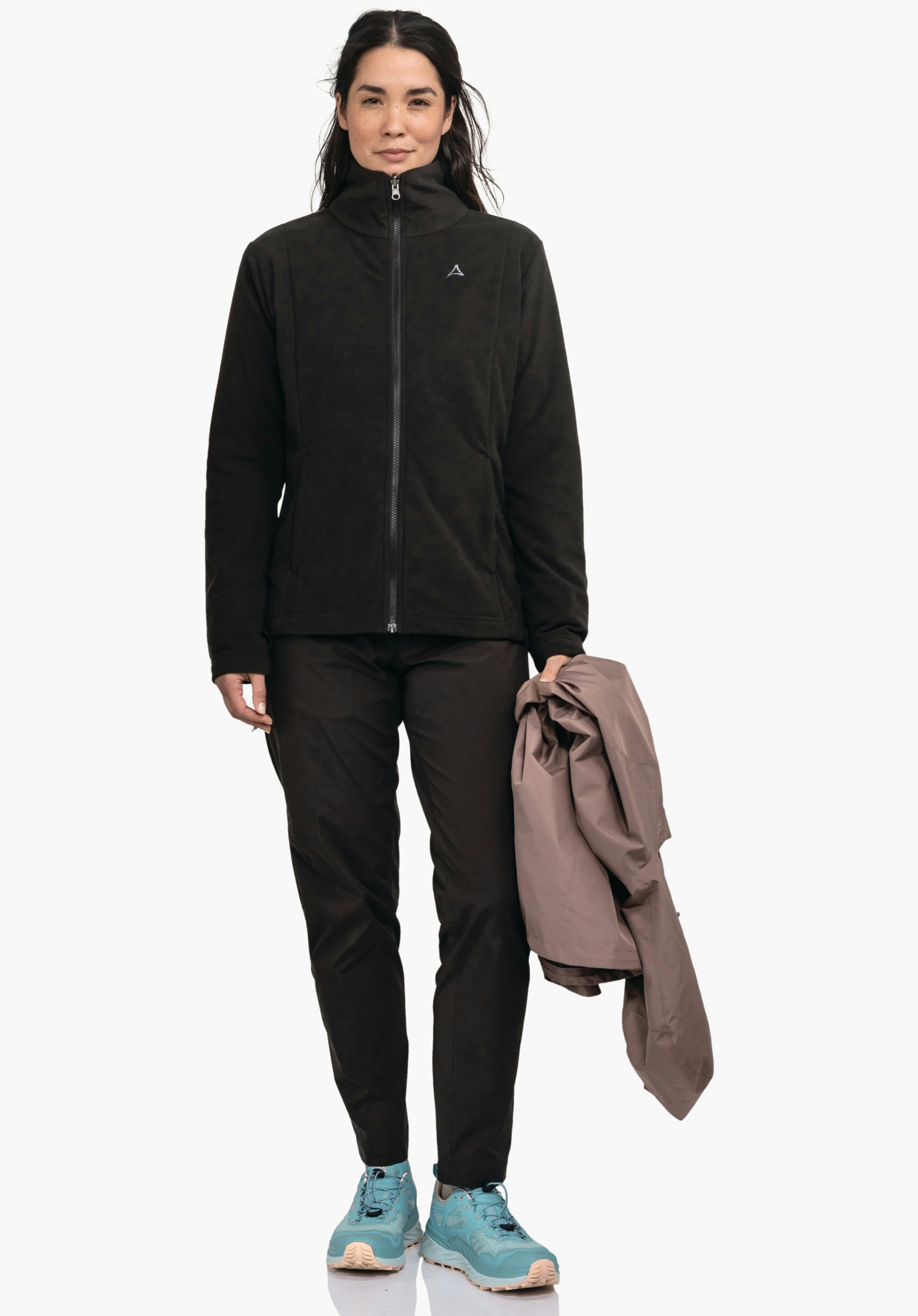 3in1 Jacket Style Okere WMS zeigt die lila Stoffstruktur und das hochwertige Schöffel-Logo. Nahaufnahme vor weißem Hintergrund.