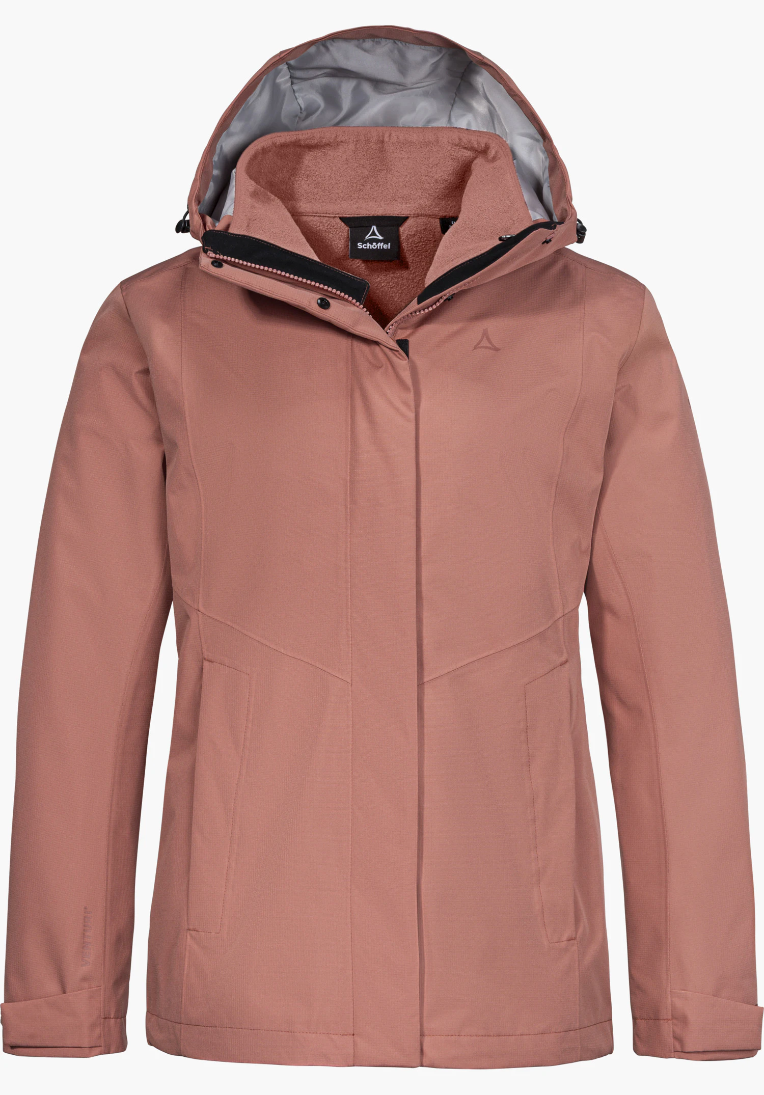 3in1 Jacket Style Okere WMS in rosa mit Kapuze, sichtbarem Schöffel-Logo und Schöffel-Schriftzug in der Frontansicht freigestellt vor weißem Hintergrund.