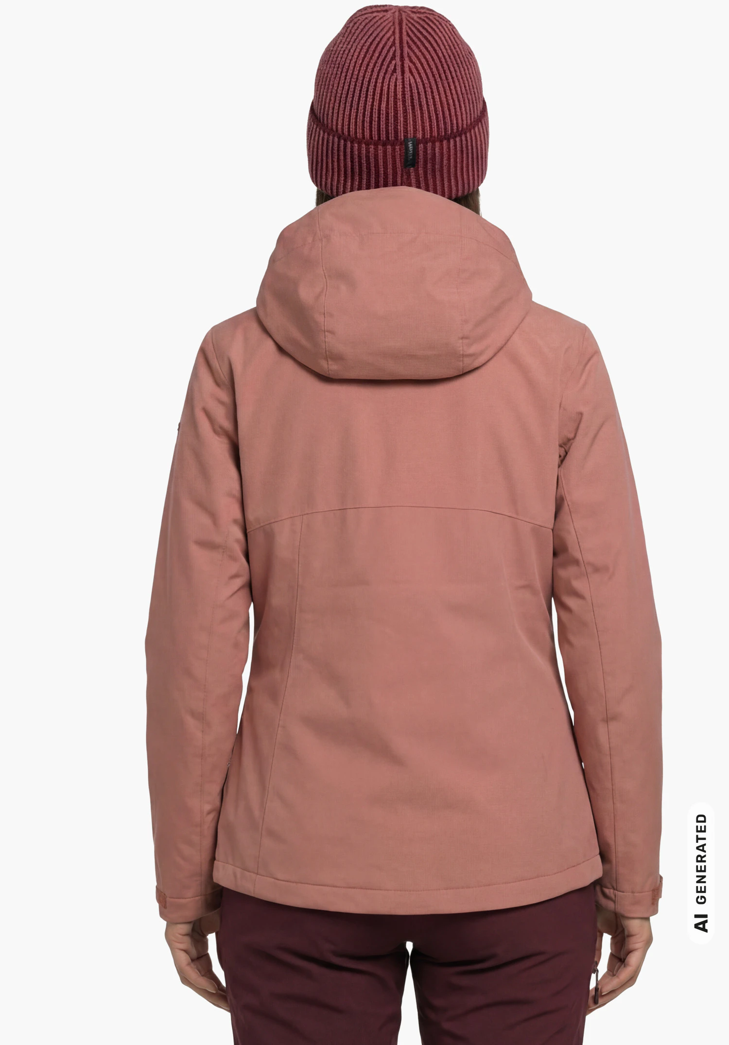 3in1 Jacket Style Okere WMS en rose avec capuche et bonnet, porté par un mannequin femme en vue de dos les bras le long du corps sur fond blanc. (Généré par IA)