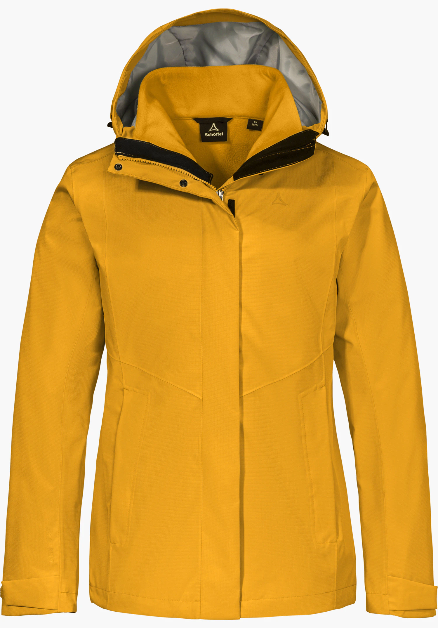 3in1 Jacket Style Okere WMS in yellow with a hood and visible Schöffel logo, shown from the front and isolated on a white background.