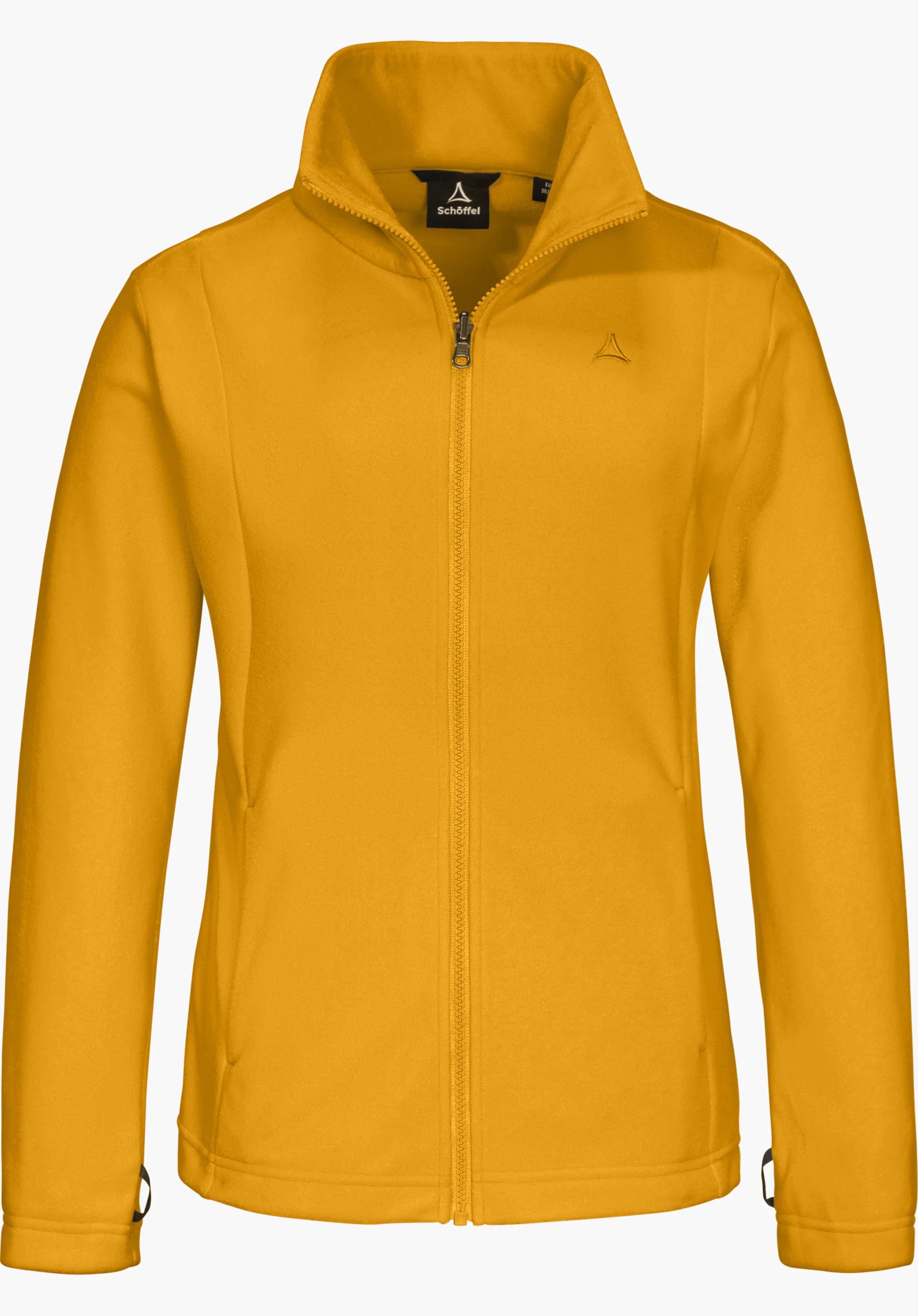 3in1 Jacket Style Okere WMS in Gelb mit durchgehendem Reißverschluss, Stehkragen und sichtbarem Schöffel-Logo freigestellt vor weißem Hintergrund.