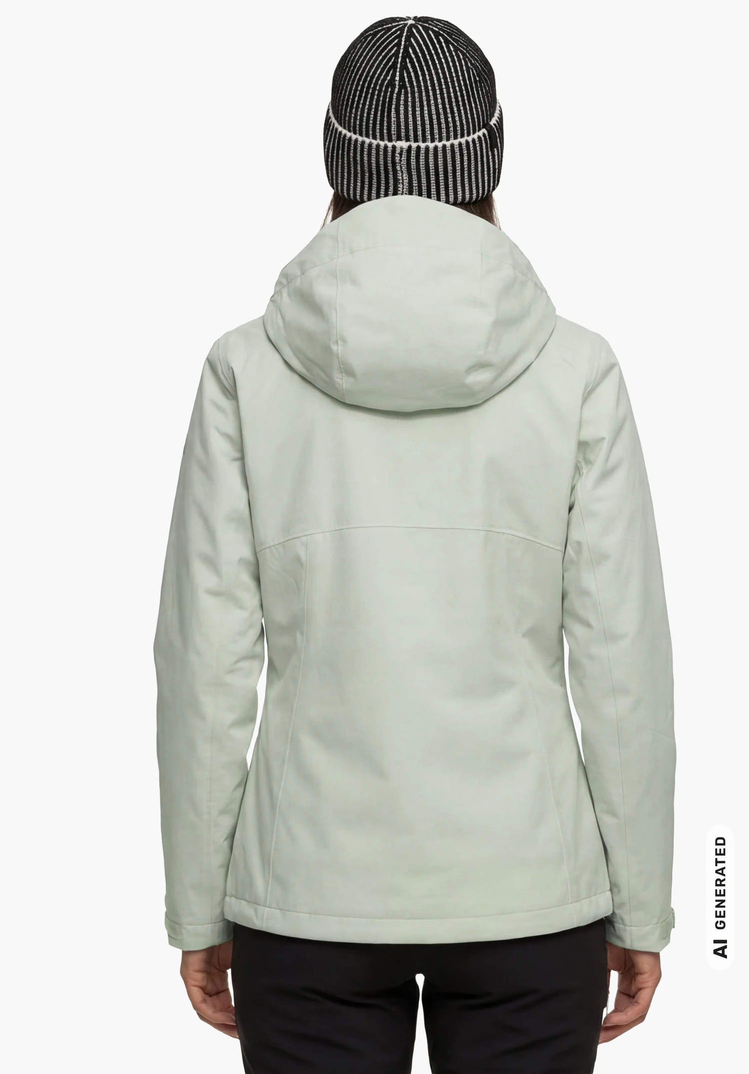3in1 Jacket Style Okere WMS en vert, porté par un mannequin femme en vue de dos avec une posture droite et la capuche montée sur fond blanc. (Généré par IA)