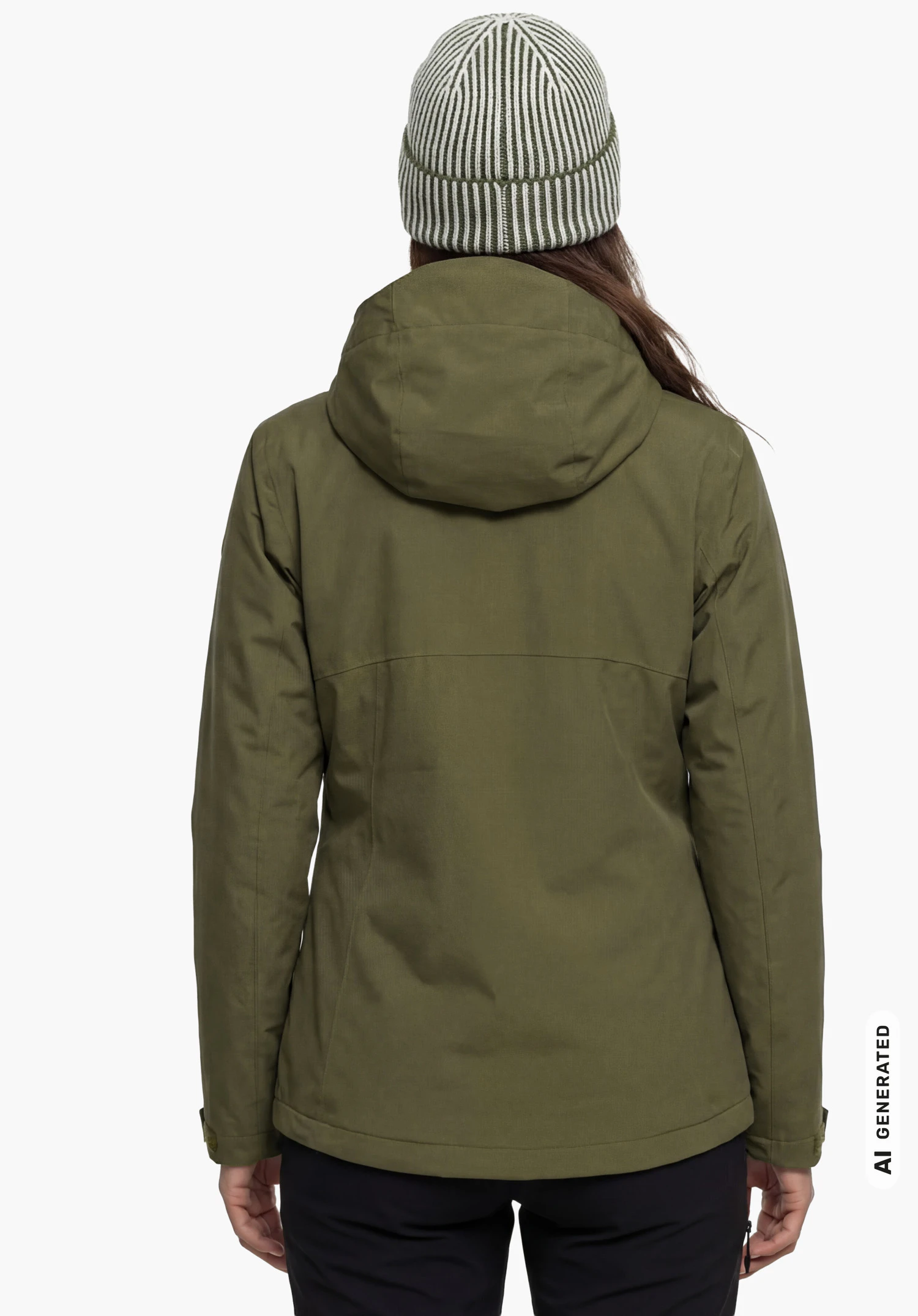 3in1 Jacket Style Okere WMS in groen, gedragen door een vrouwelijk model dat rechtop staat en van achteren wordt getoond met de armen langs het lichaam en een bijpassende muts tegen een witte achtergrond. (AI-gegenereerd)