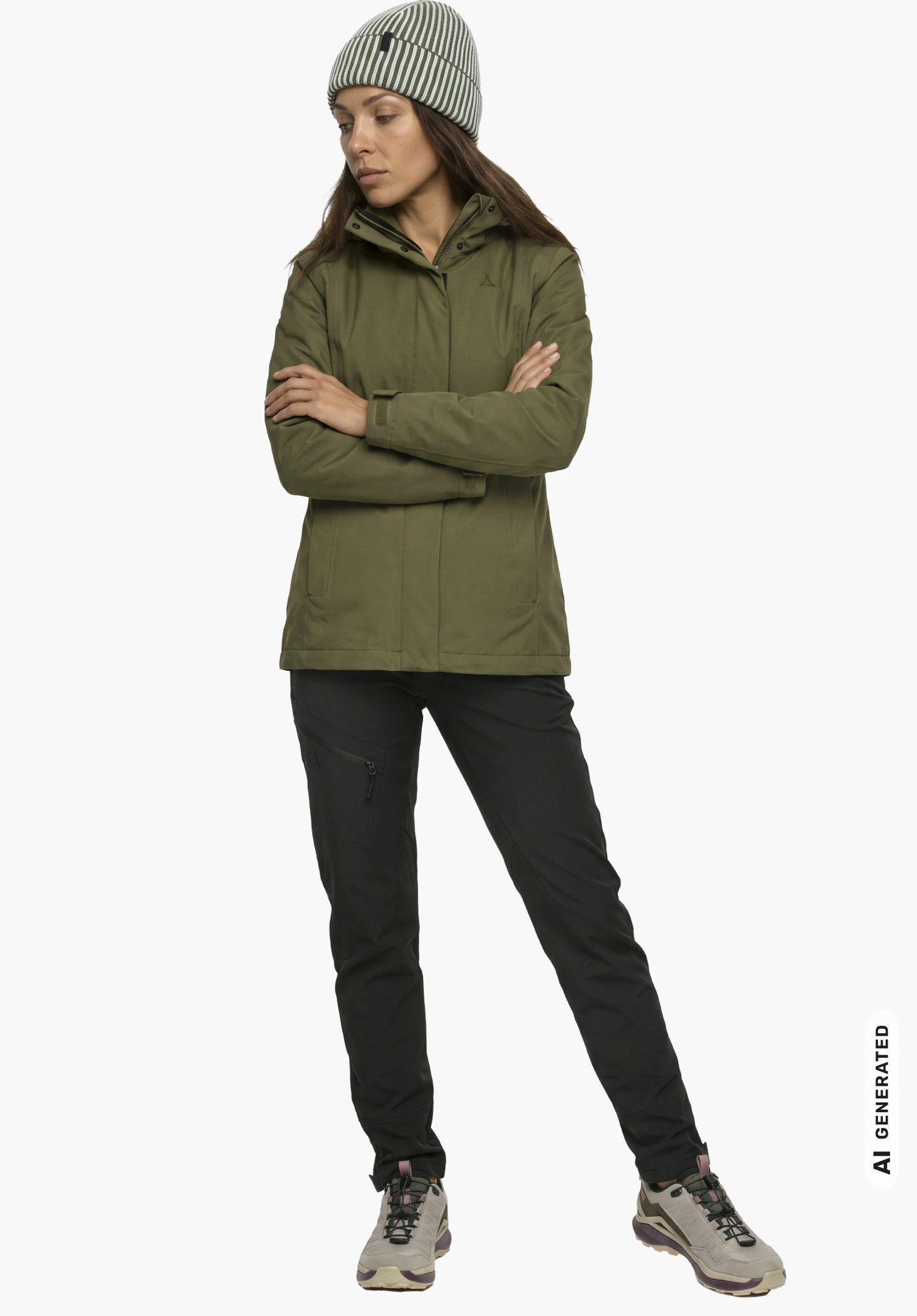 3in1 Jacket Style Okere WMS in grün, getragen von einem weiblichen Model mit verschränkten Armen in Seitenansicht vor weißem Hintergrund. (KI-generiert)