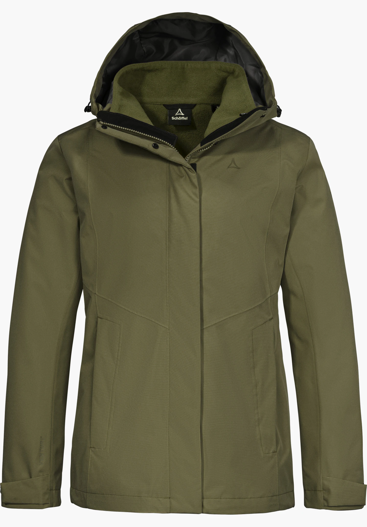 3in1 Jacket Style Okere WMS in groen met capuchon en zichtbaar Schöffel-logo, vooraanzicht, vrijstaand op een witte achtergrond.