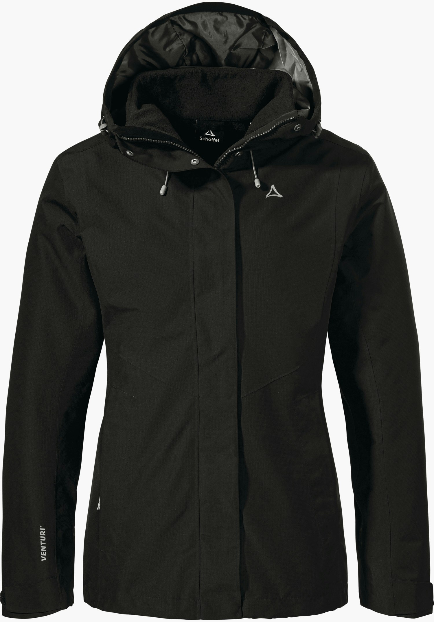 3in1 Jacket Style Okere WMS veste à capuche noire, présentée de face sur fond blanc; logo Schöffel sur la poitrine. Inscription sur étiquette: « Schöffel ». Sur la manche: « VENTURI ».