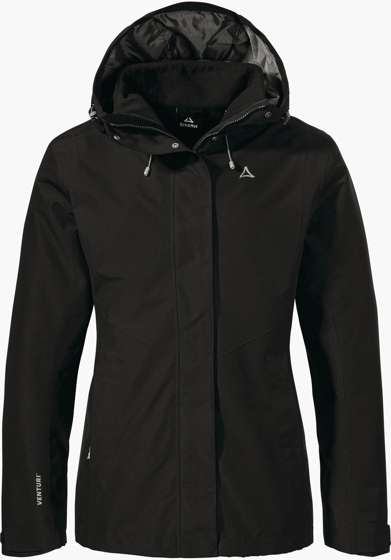 3in1 Jacket Style Okere WMS Schwarze Kapuzenjacke, frontal präsentiert vor weißem Hintergrund; Schöffel-Logo auf der Brust. Schriftzug auf Etikett: "Schöffel". Auf Ärmel: "VENTURI".