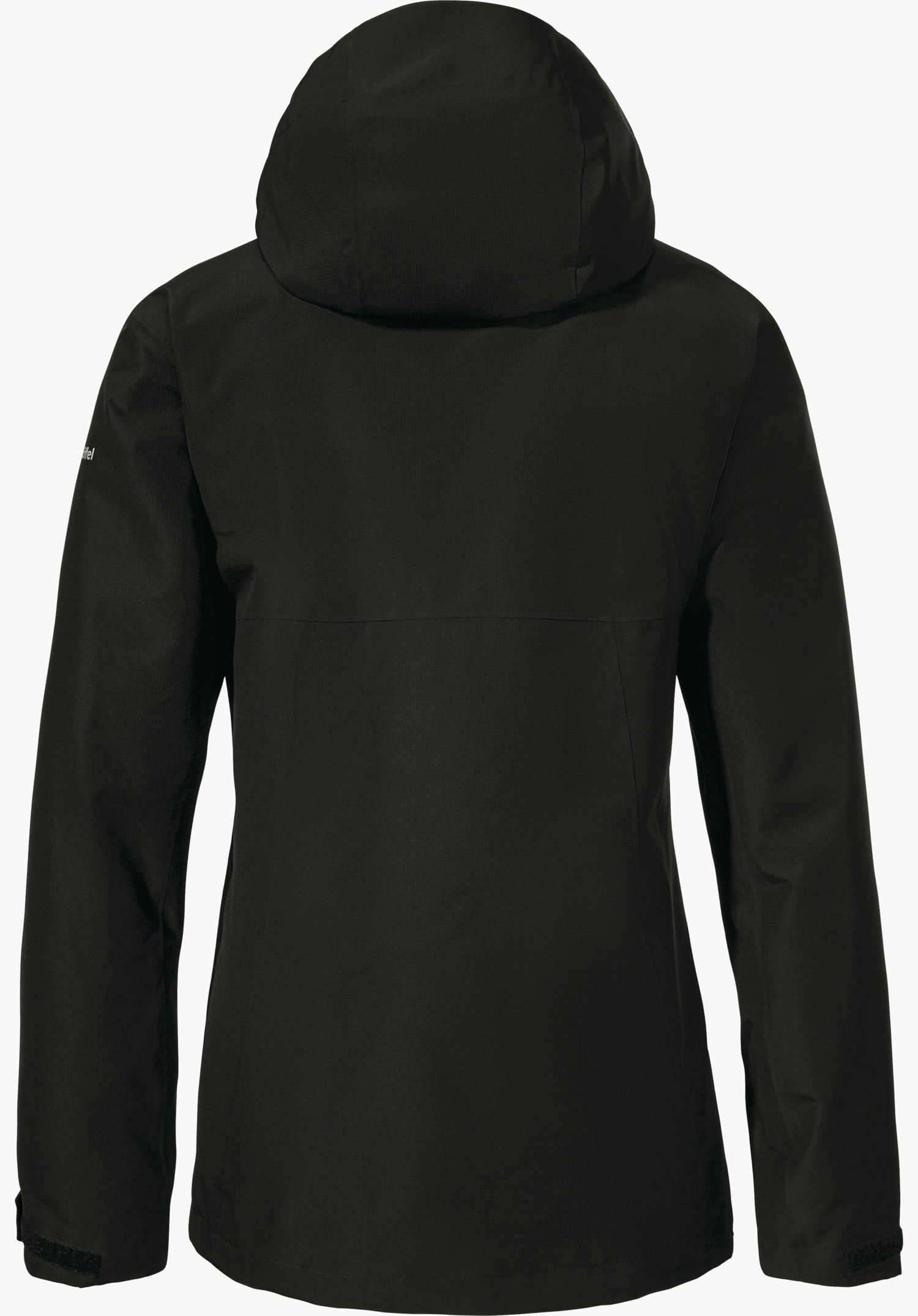 3in1 Jacket Style Okere WMS Veste de pluie noire, vue de dos; capuche en place, manches détendues, détourage sur fond blanc. Texte : « Schöffel ».