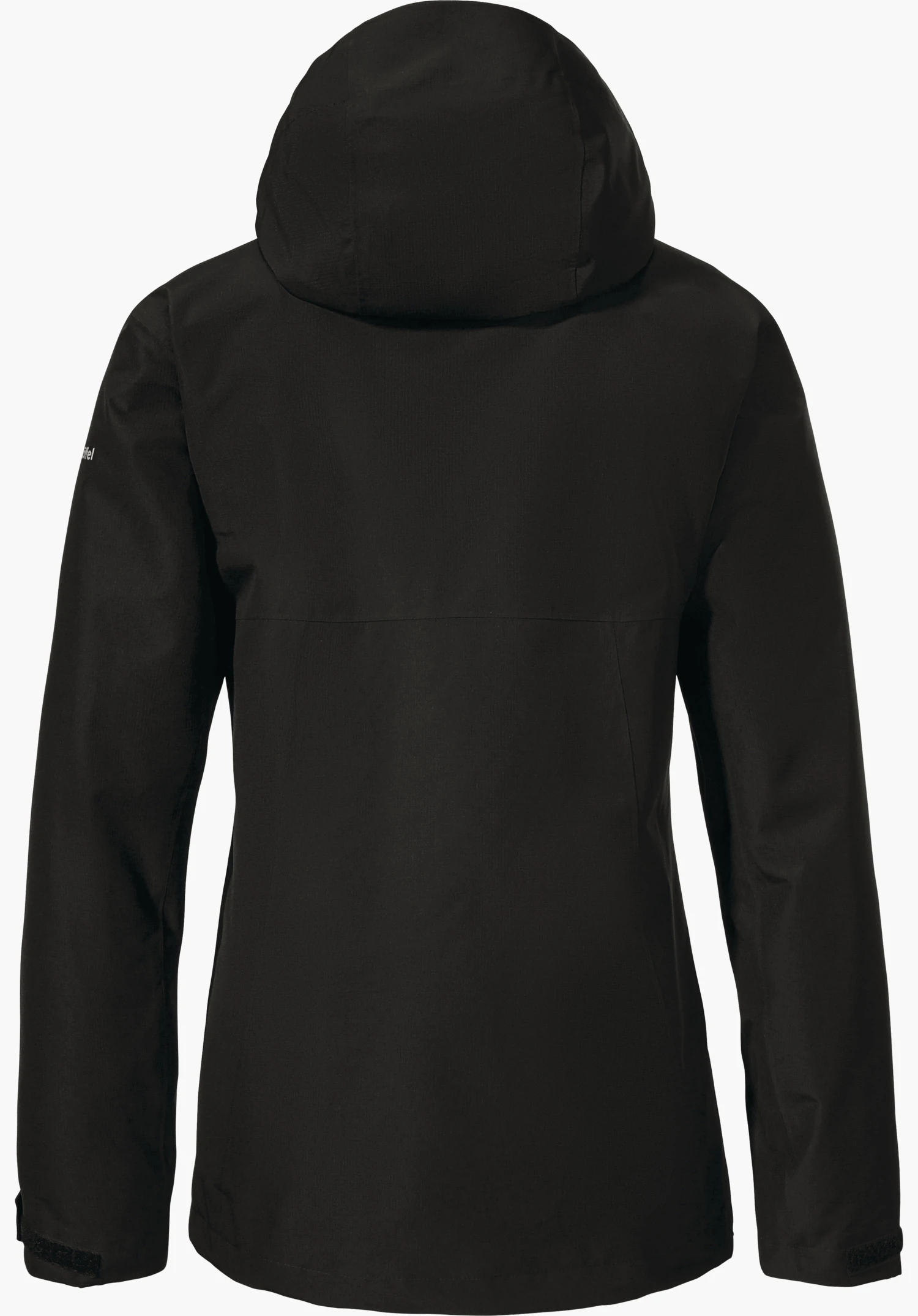 3in1 Jacket Style Okere WMS schwarze Regenjacke, zeigt Rückseite mit aufgesetzter Kapuze; Ärmel entspannt, freigestellt vor weißem Hintergrund. Text: "Schöffel".