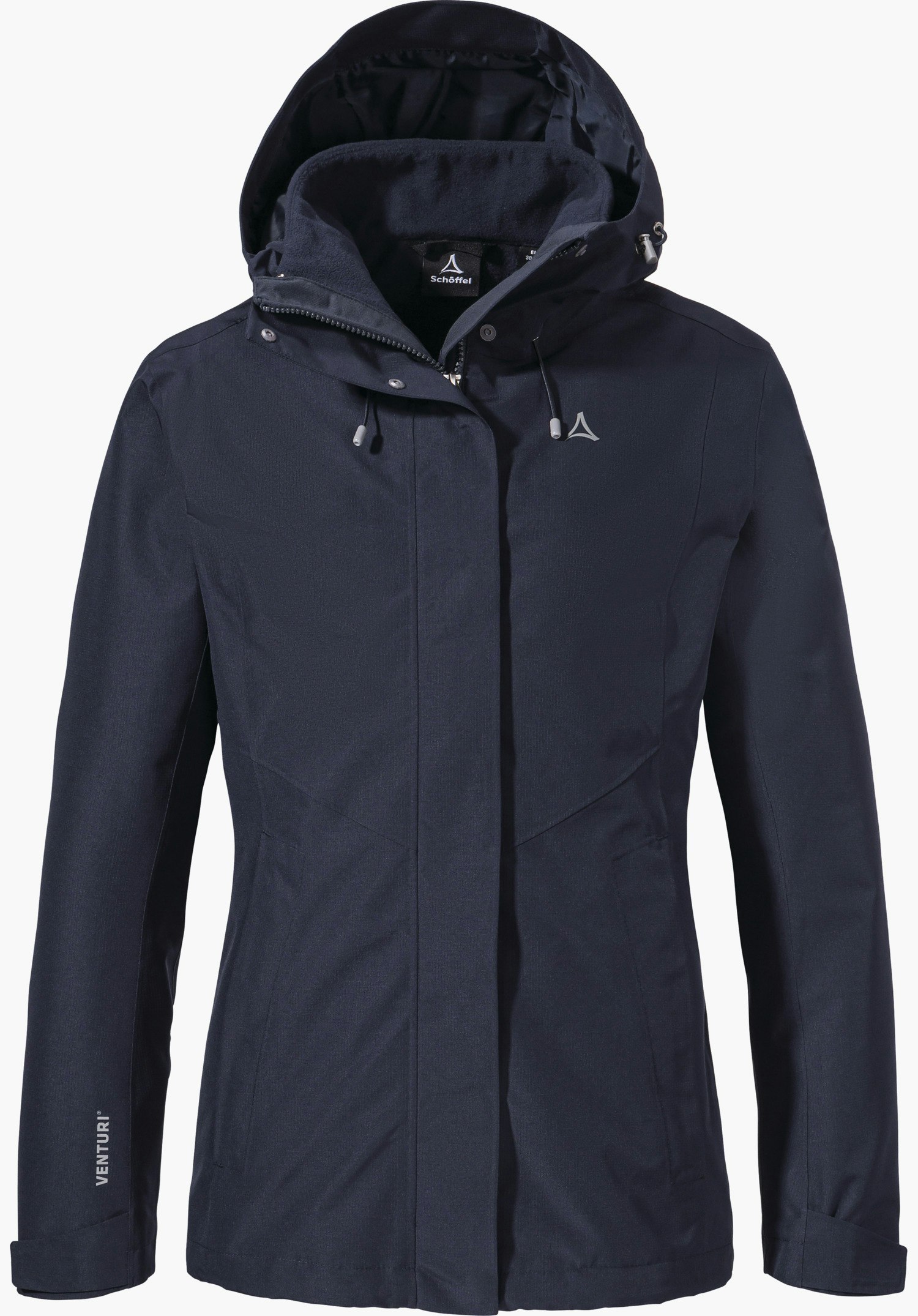 3in1 Jacket Style Okere WMS veste outdoor bleu foncé à capuche, présentée de face avec fermeture éclair fermée; sur fond blanc. Inscription: « Schöffel » (étiquette intérieure), logo Schöffel (poitrine), « VENTURI » (manche).