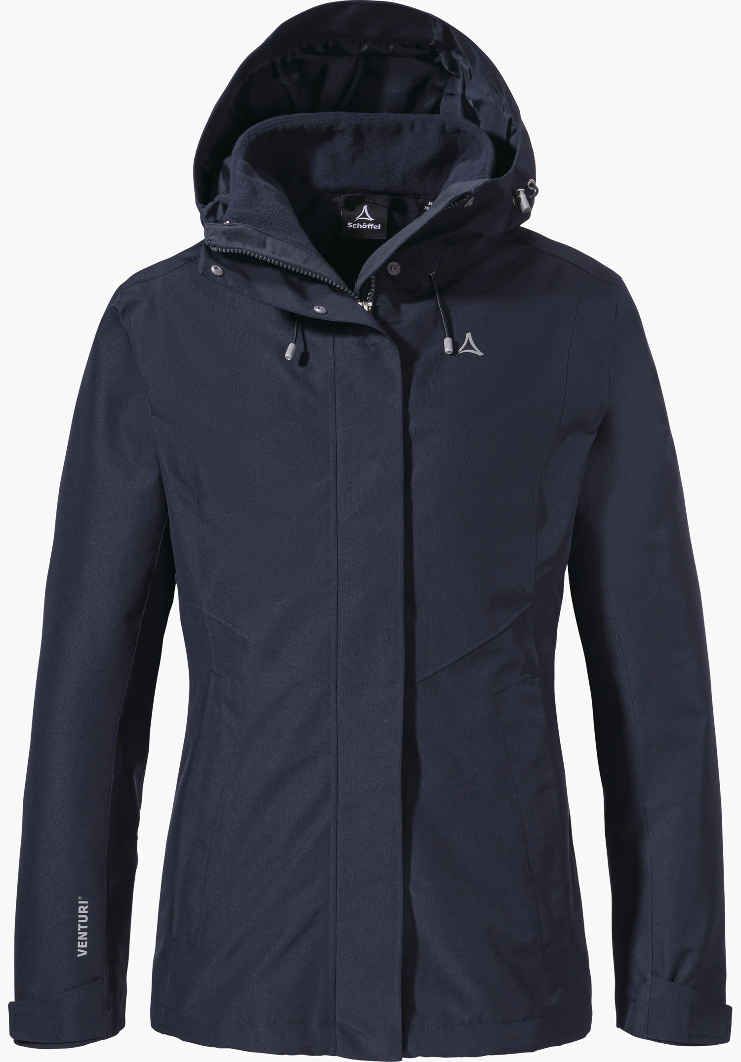 3in1 Jacket Style Okere WMS Dunkelblaue, kapuzenbesetzte Outdoorjacke frontal präsentiert mit geschlossenem Reißverschluss; vor weißem Hintergrund. Schriftzug: "Schöffel" (Innenlabel), Schöffel-Logo (Brust), "VENTURI" (Ärmel).