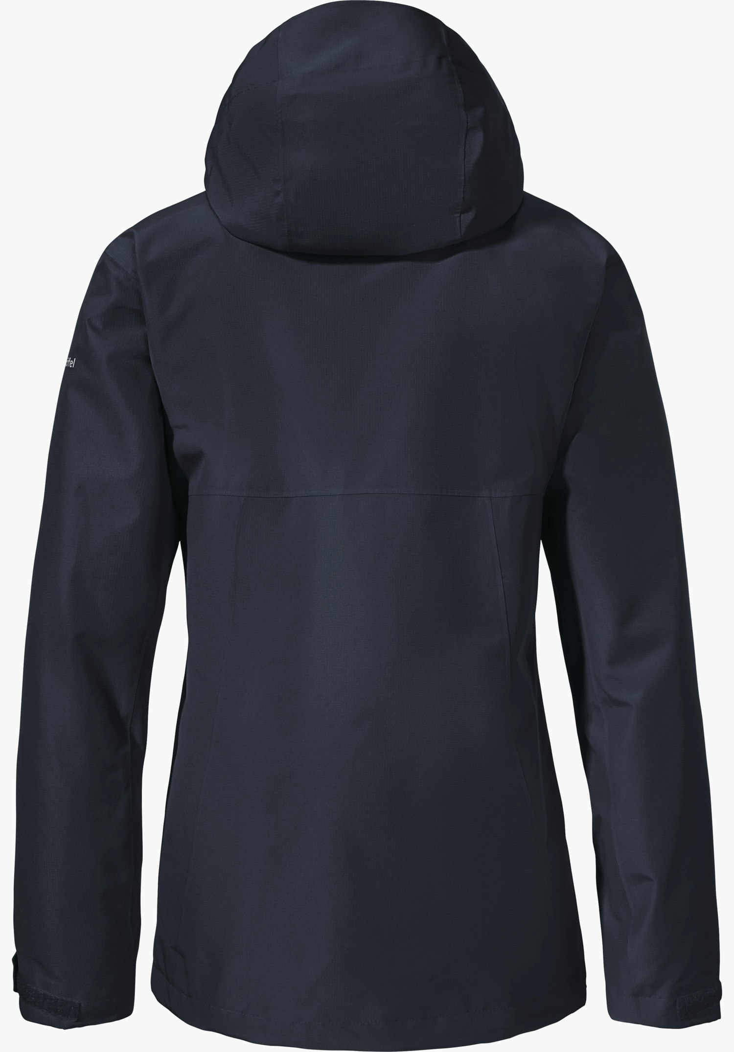 3in1 Jacket Style Okere WMS Veste de pluie bleu foncé, vue de dos; capuche en place, manches tombant librement, surface lisse et imperméable; fond blanc uni.