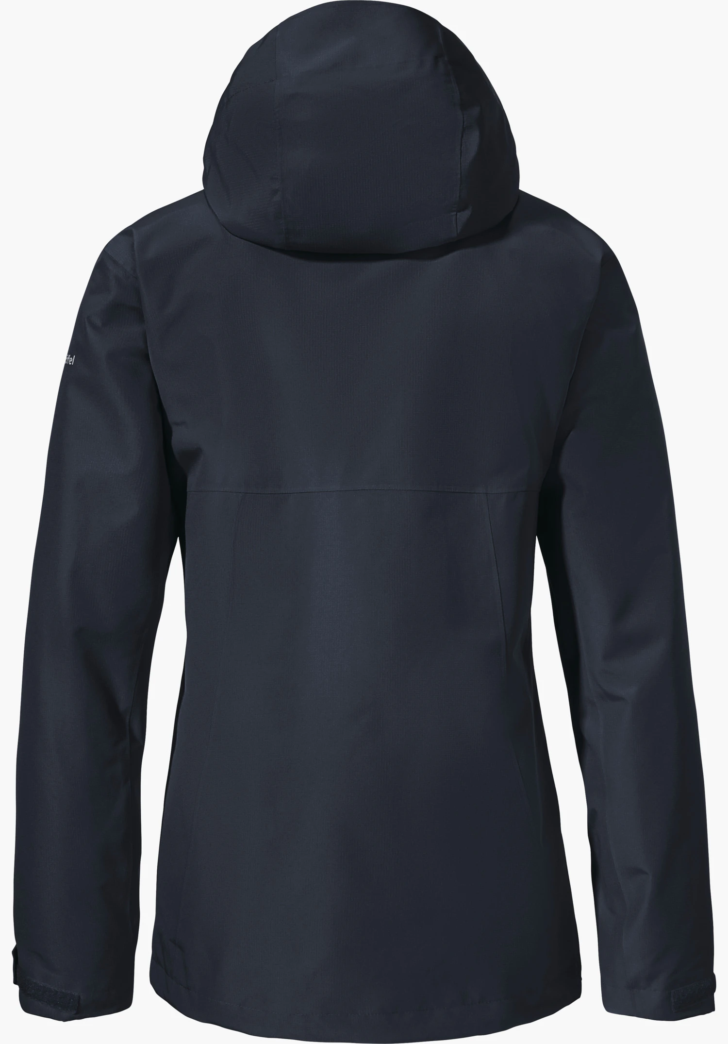 3in1 Jacket Style Okere WMS dunkelblaue Regenjacke, von hinten abgebildet, mit aufgesetzter Kapuze, Ärmel locker herabhängend; glatte, wasserdichte Oberfläche; vor einfarbig weißem Hintergrund.