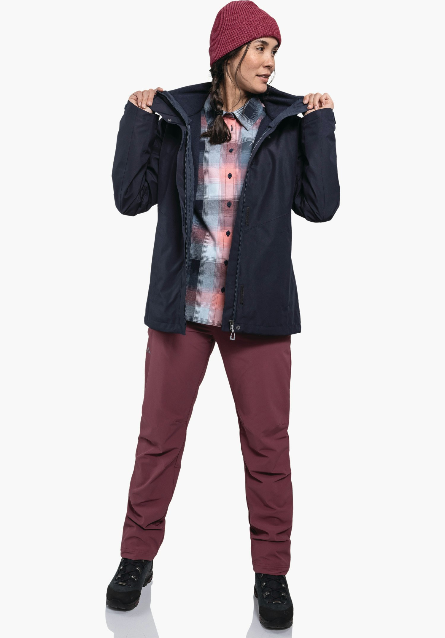 3in1 Jacket Style Okere WMS, vue détaillée de la fermeture éclair avant robuste et de la texture fine du tissu extérieur bleu au niveau du col, gros plan sur fond blanc.