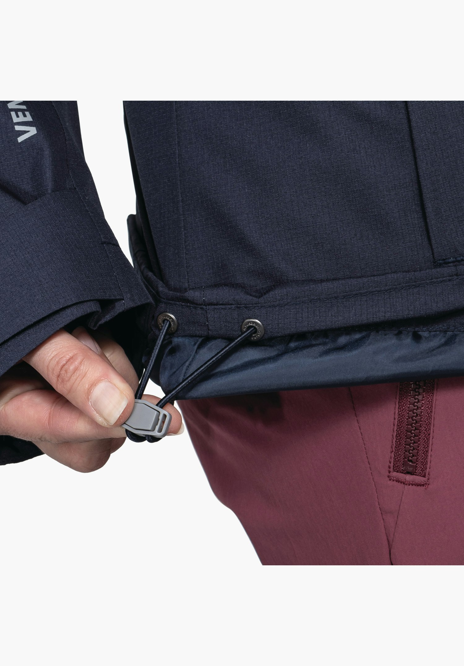 3in1 Jacket Style Okere WMS fermeture éclair et rabat en bleu montrant les détails fonctionnels de la veste, gros plan sur fond blanc/neutre.