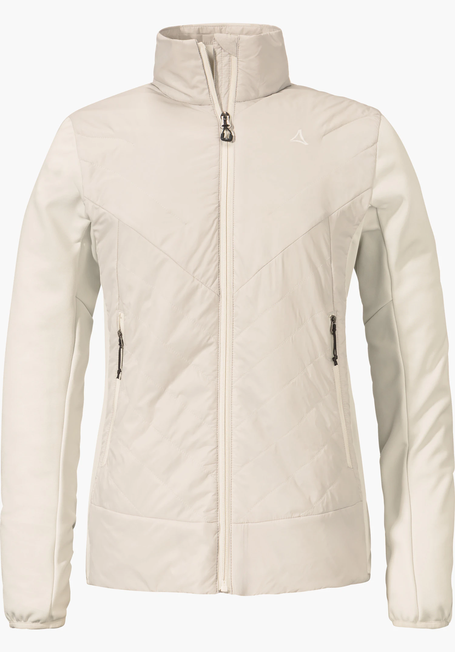 Hybrid Jk Style Cascata WMS veste, fermeture éclair frontale fermée; logo Schöffel sur la poitrine. Devant matelassé blanc cassé, manches lisses et poches latérales zippées, détourée sur fond neutre.