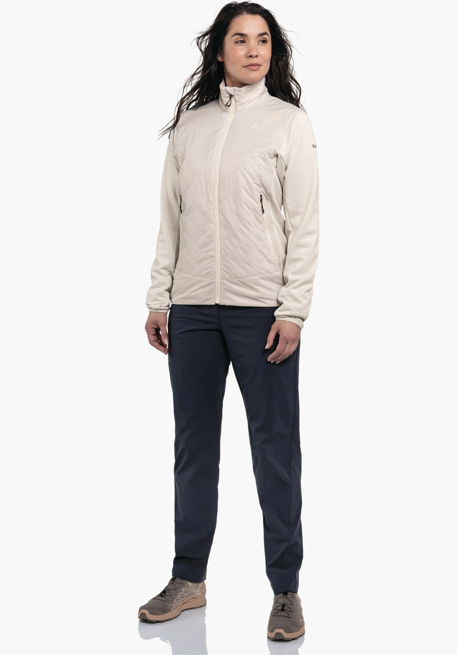 Hybrid Jk Style Cascata WMS focusing on the quilted front panel in nature, the front zip and the subtle Schöffel logo on the chest, close-up against a white background.