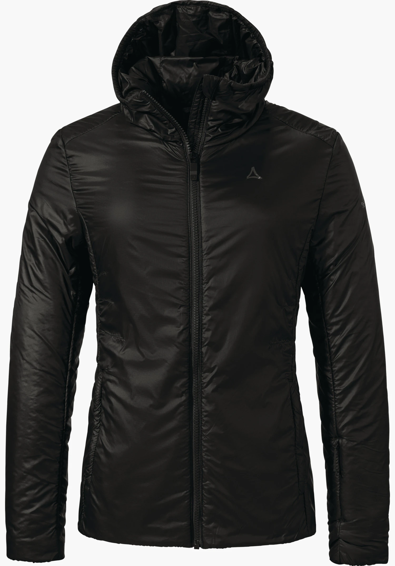 Ins Jacket Style Pontre WMS black quilted jacket, front aligned, zip closed, hood raised; Schöffel logo on chest; smooth, slightly glossy fabric; white background.