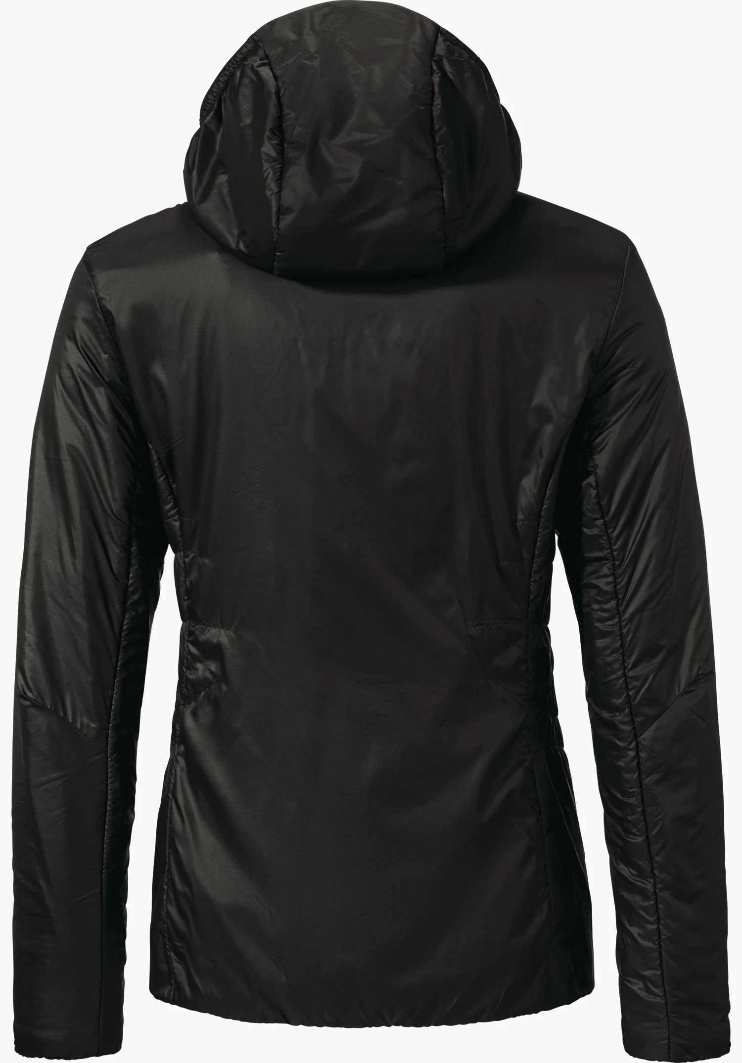 Ins Jacket Style Pontre WMS black quilted jacket, showing rear view with attached hood; slim waist shaping and long sleeves, matte slightly shiny nylon surface against a neutral white background.