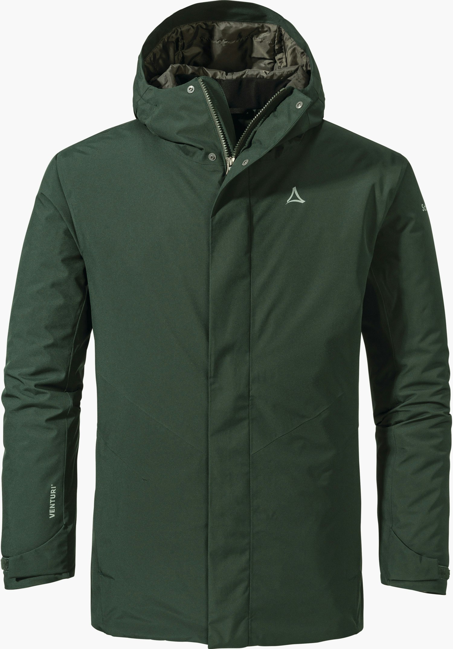 Parka Style Froda MNS Dunkelgrüner Kapuzenparka, frontal präsentiert mit hochgestellter Kapuze; Schöffel-Logo auf der Brust, Kapuzenfutter dunkelgrün, freigestellt vor weißem Hintergrund. Schriftzug am Ärmel: VENTURI®.