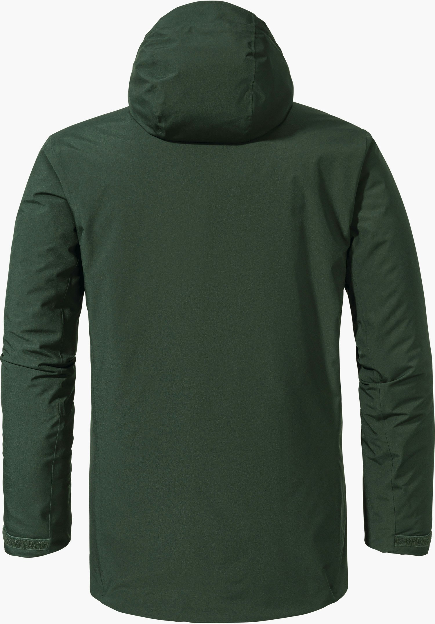 Parka Style Froda MNS dunkelgrüne Jacke, von hinten dargestellt, mit Kapuze und langen Ärmeln; vor weißem Hintergrund.