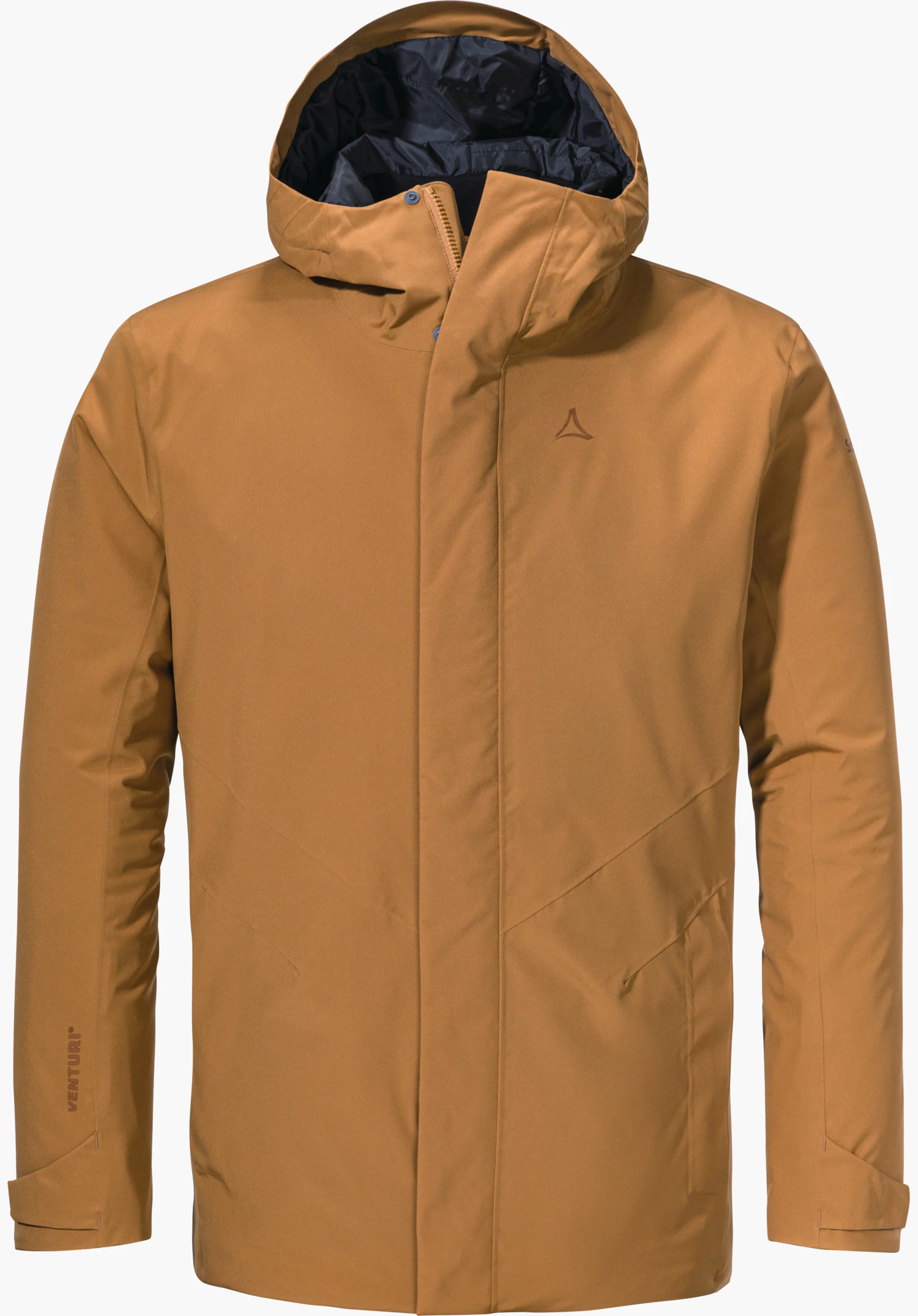 Parka Style Froda MNS light brown hooded parka, front view with hood raised; Schöffel logo on the chest, dark blue hood lining, isolated on a white background. Sleeve lettering: VENTURI®.
