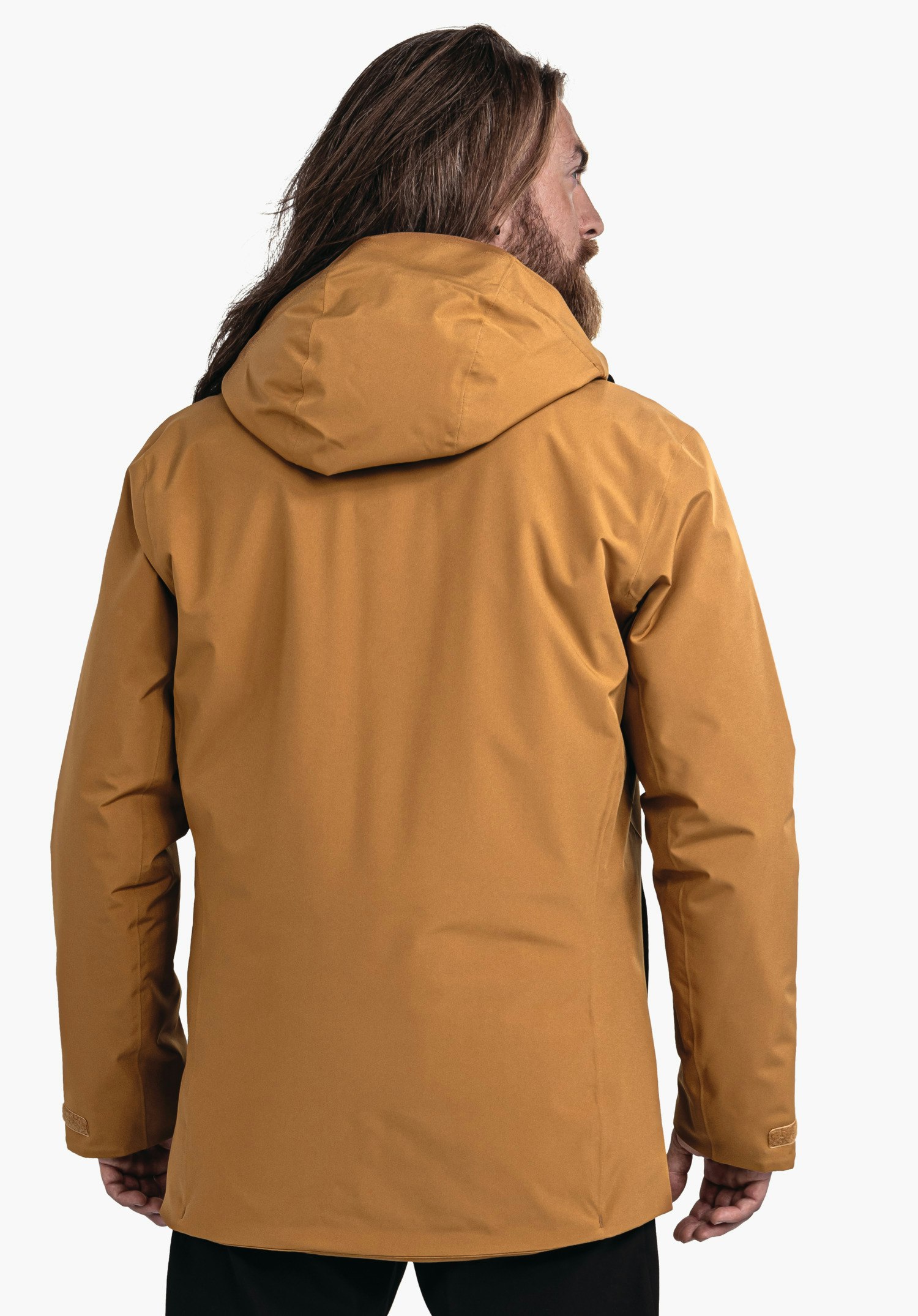 Parka Style Froda MNS dark yellow hooded jacket worn by a person standing with their back to the camera; light plain background.