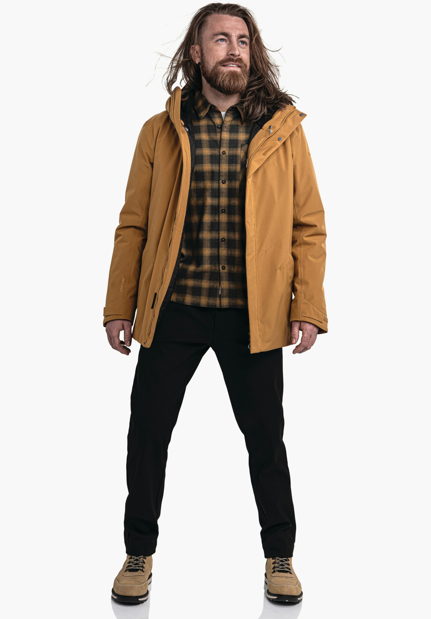 Parka Style Froda MNS displays the Schöffel logo on the brown outer fabric of the sleeve. Close-up against a white/neutral background.