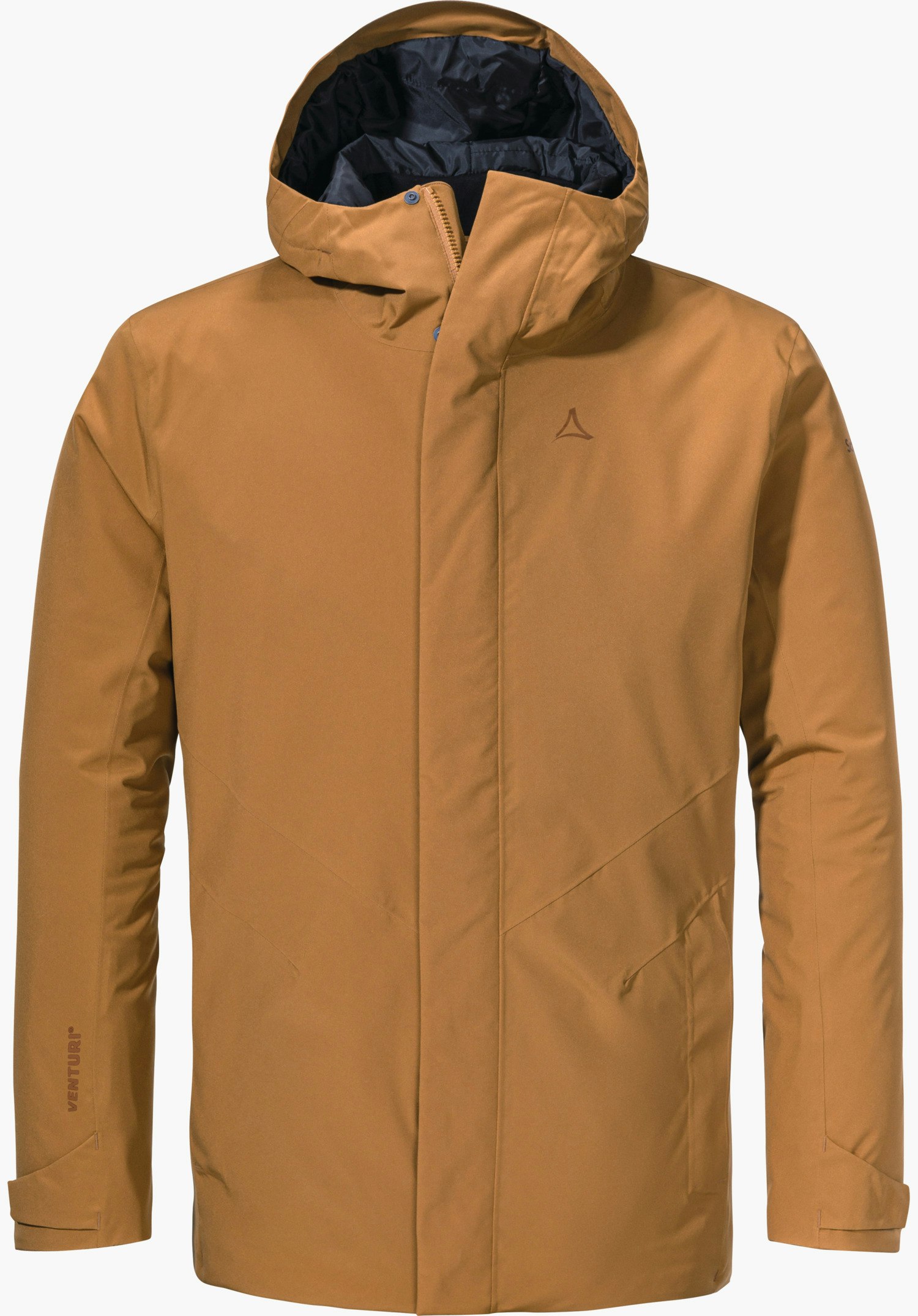 Parka Style Froda MNS light brown hooded parka, front view with hood raised; Schöffel logo on the chest, dark blue hood lining, isolated on a white background. Sleeve lettering: VENTURI®.